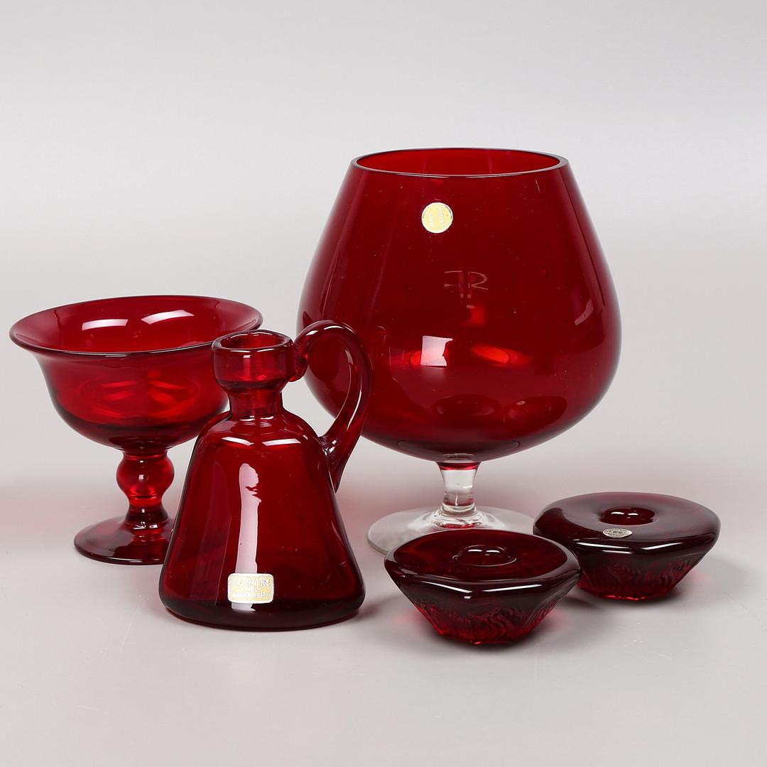 Cut Glass Gift Set 5 GLASS OBJECTS, Monica Bratt, Ruby Red Candle Holder / Jug Reimyre For Sale