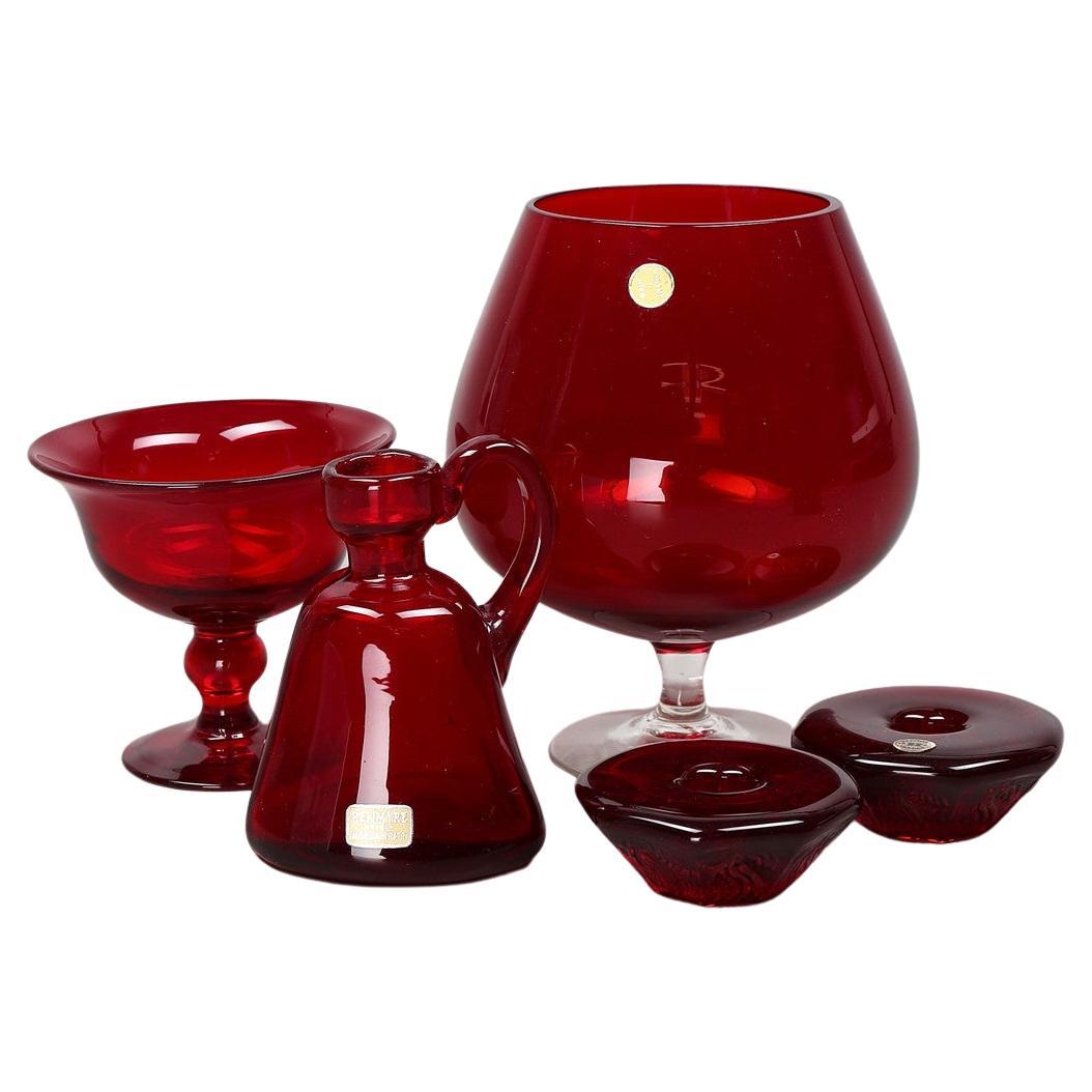 Gift Set 5 GLASS OBJECTS, Monica Bratt, Ruby Red Candle Holder / Jug Reimyre For Sale