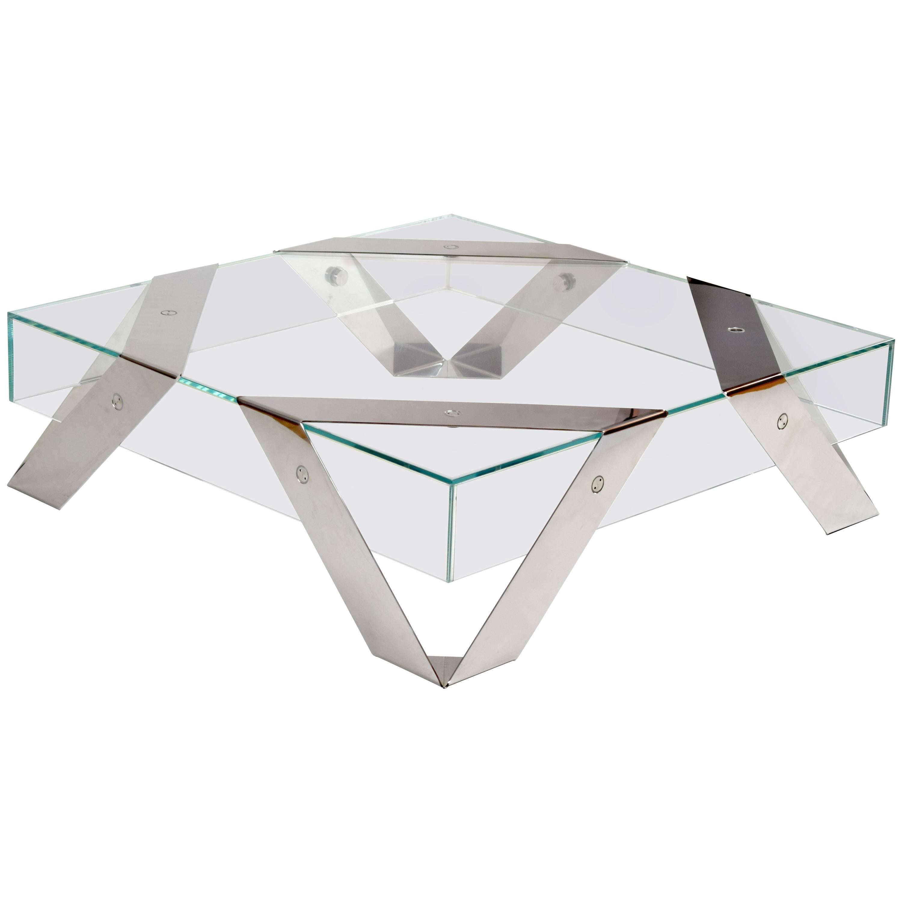 Gift Wrap 2 Tempered Super Clear Glass Coffee Table with White Lacquered Steel For Sale