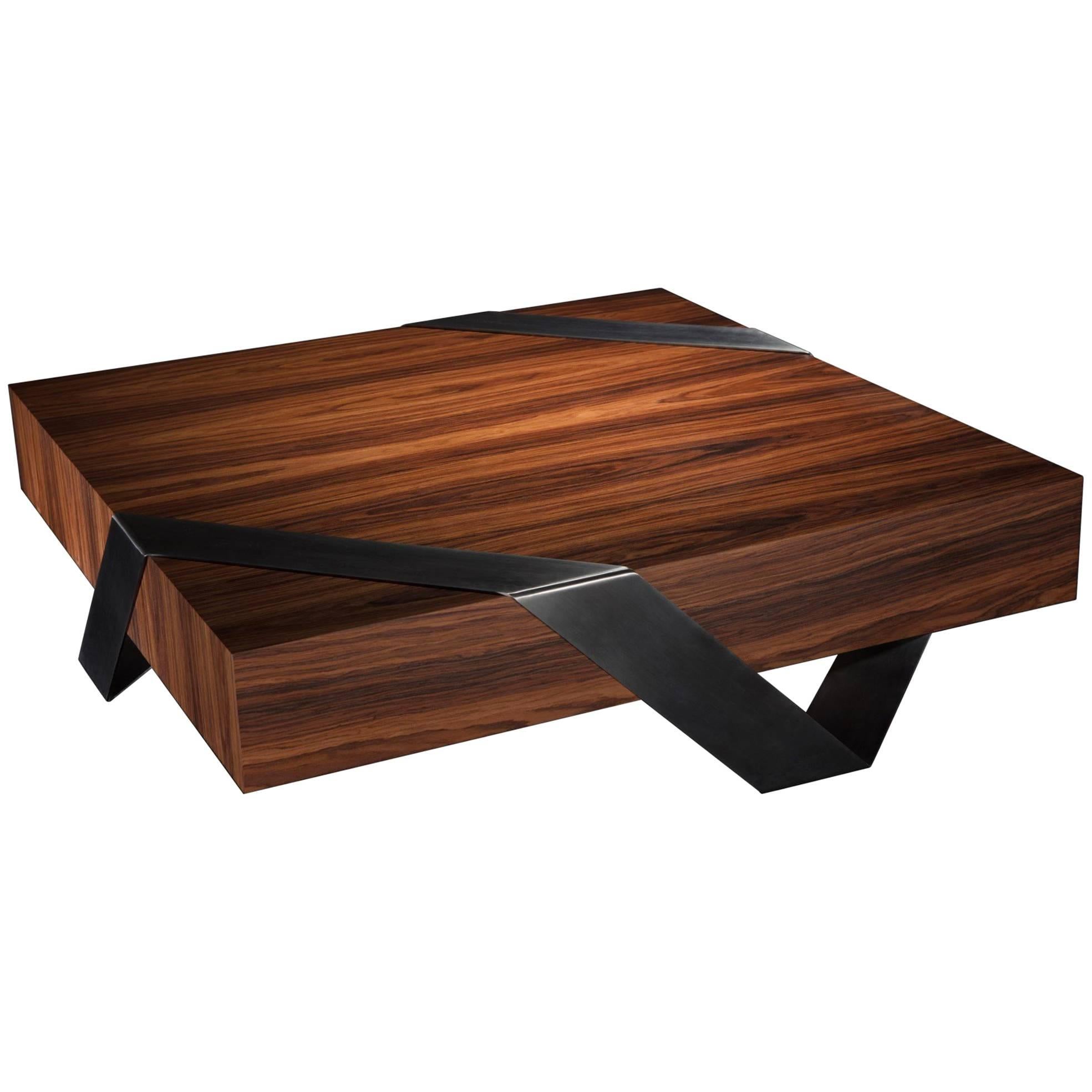 Gift Wrap Iron Wood Coffee Table with Brushed Stainless Steel Leg For Sale