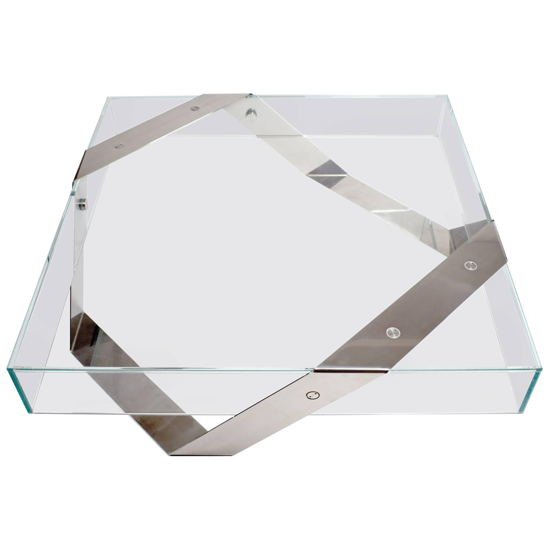 Gift Wrap Tempered Super Clear Glass Coffee Table with White Lacquered Steel For Sale