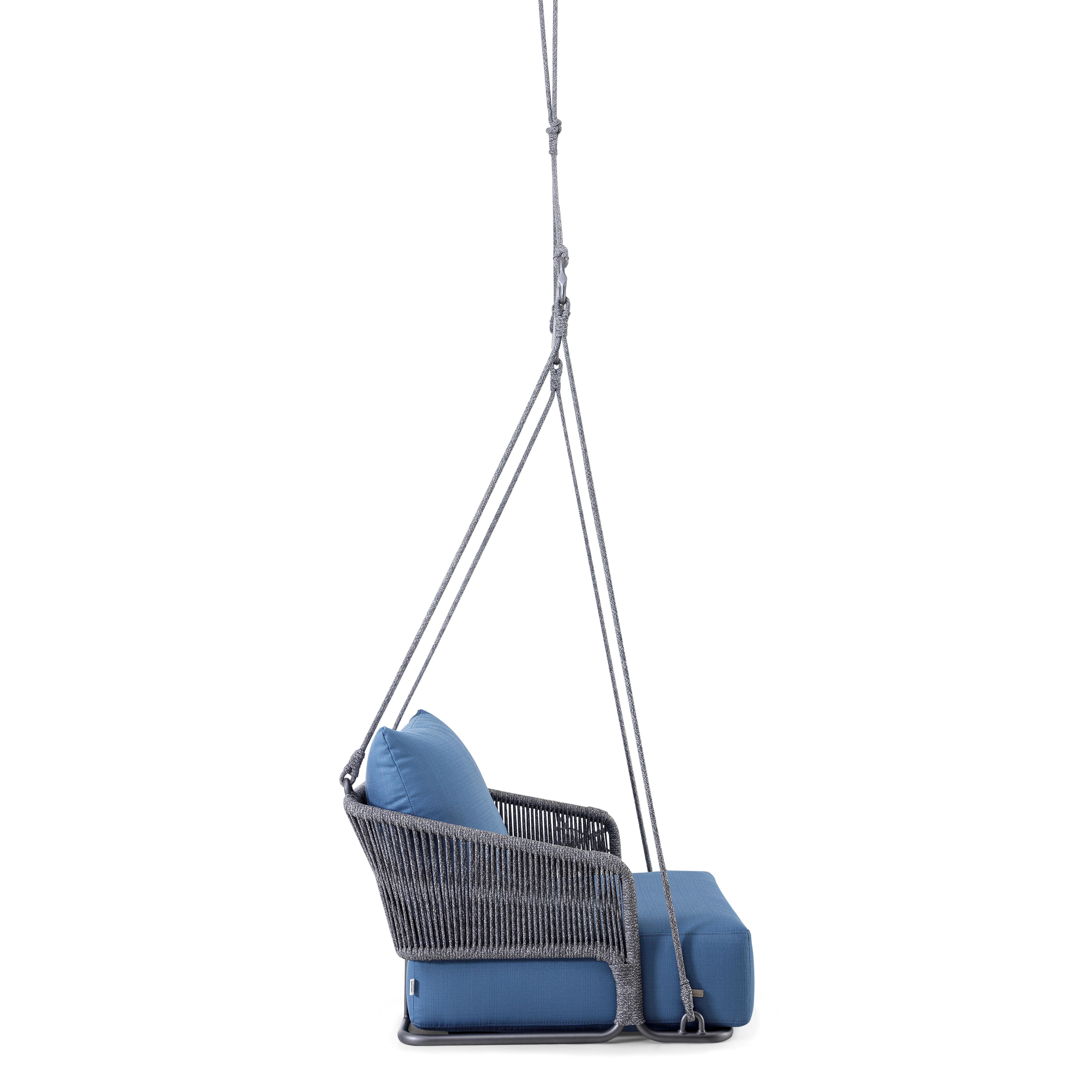 Modern Gig Blue Outdoor Swing with Nautical Rope For Sale
