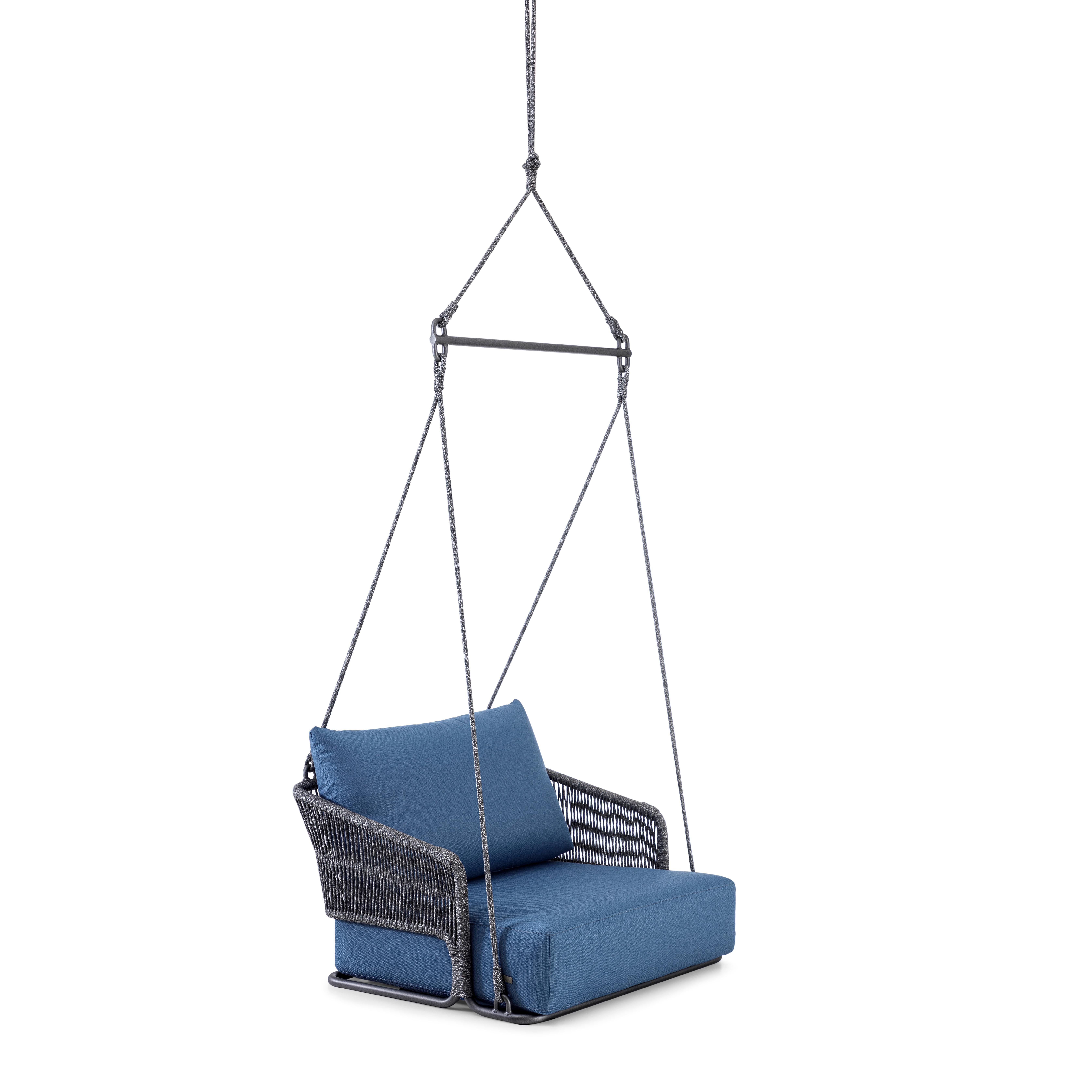 Contemporary Gig Blue Outdoor Swing with Nautical Rope For Sale