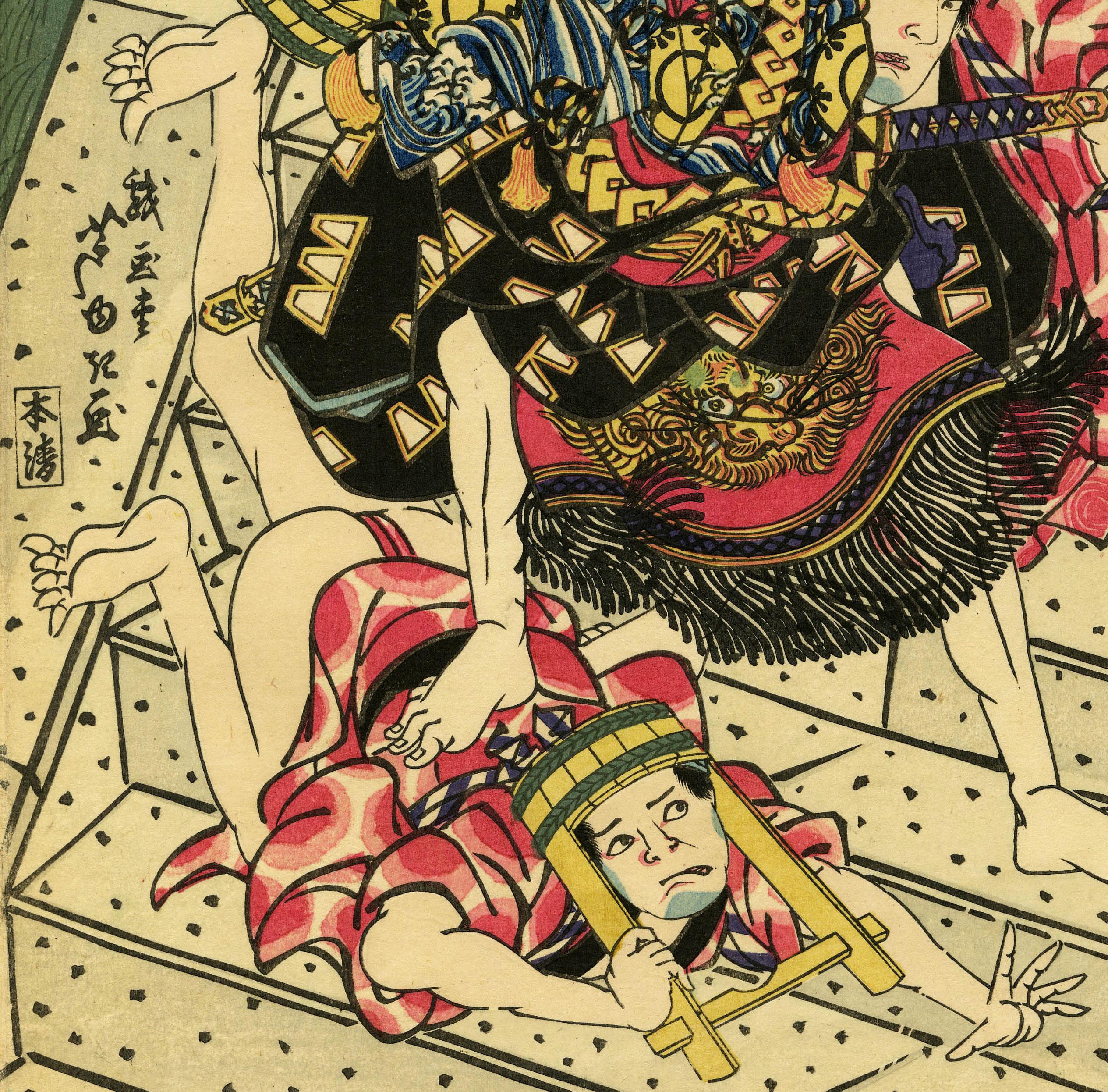 Arashi Rikan II dans une scène Kabuki d'Osaka
Gravure sur bois en couleur, C.C. 1827
Signé au milieu à gauche (voir photo)
Titre en haut à gauche (voir photo)
Format : oban
Éditeur : Honsei
L'acteur, dans son personnage, élimine trois voleurs sur