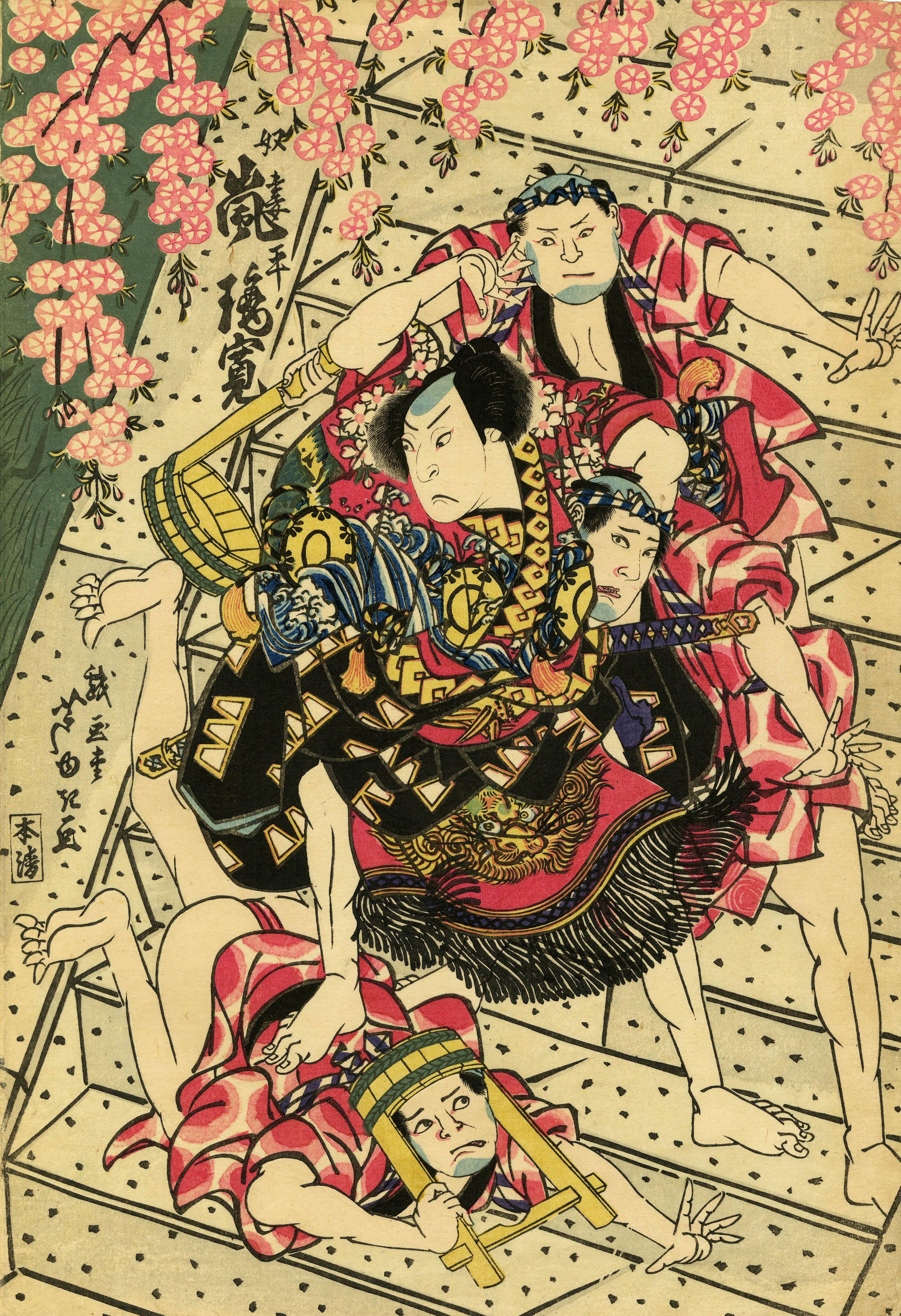 Gigadp Ashiyuki Figurative Print – Arashi Rikan II in einer Kabuki-Szene aus Osaka