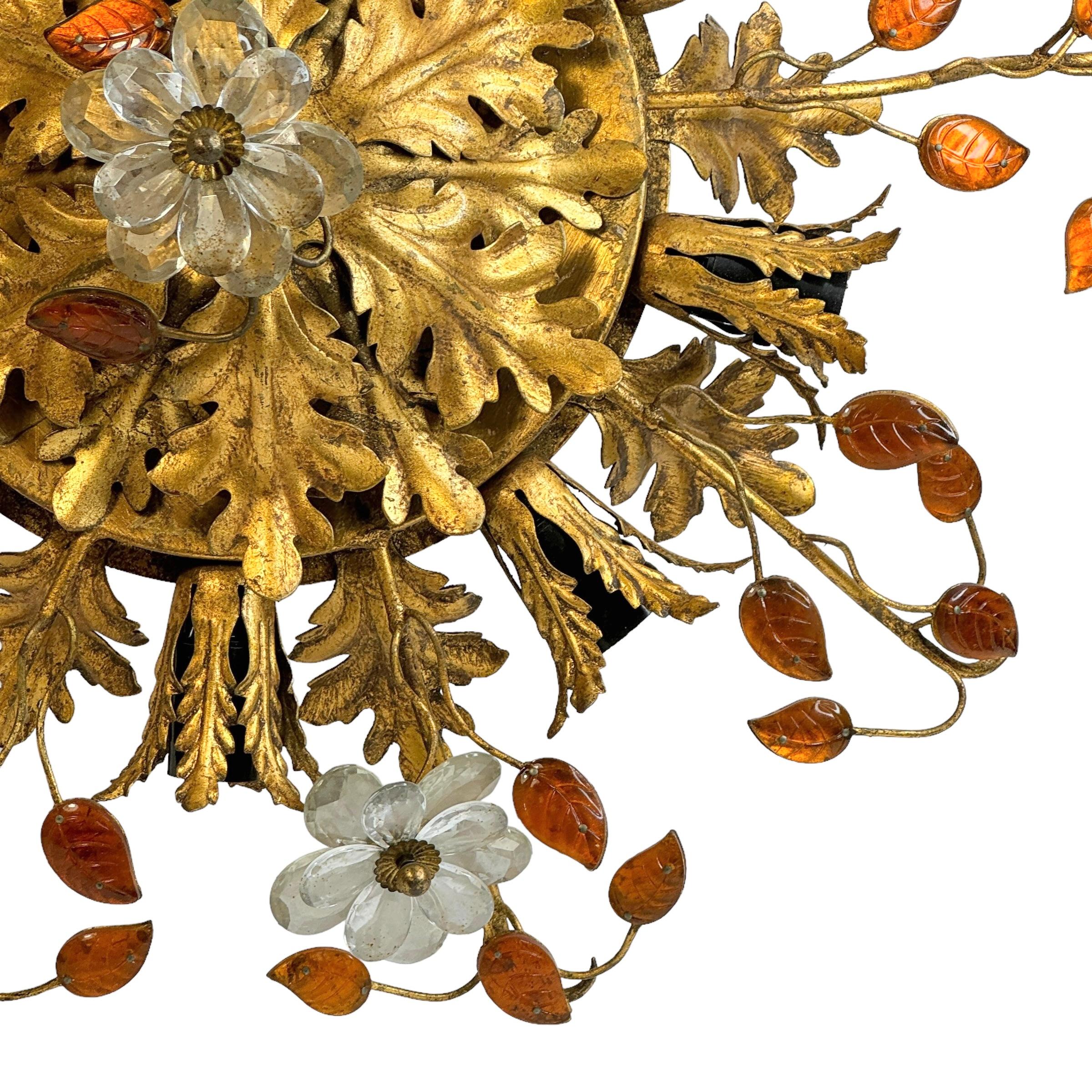 Hollywood Regency Gigantic Banci Firenze Florentine Murano Glass Flush Mount Tole Toleware Gilt