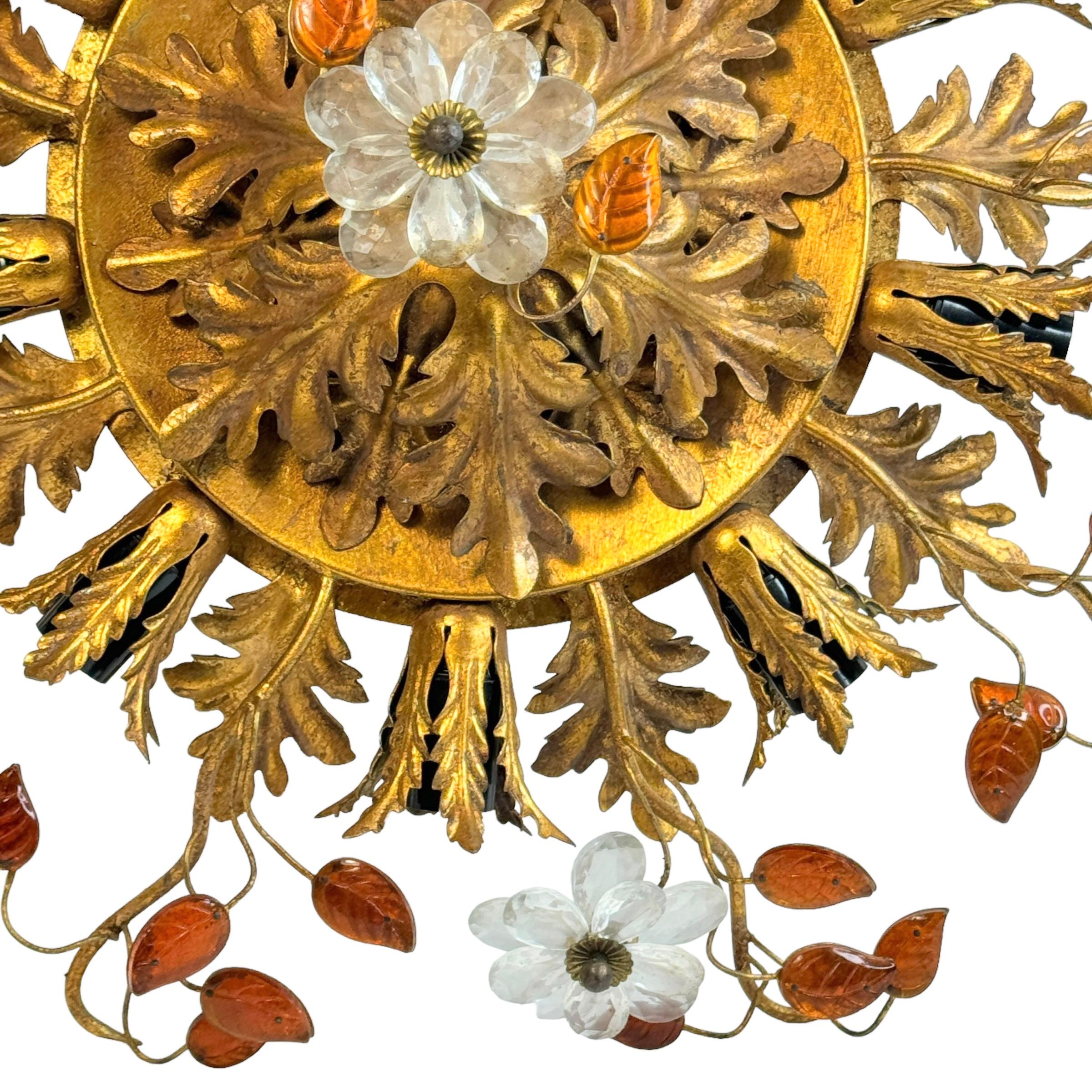 Hollywood Regency Gigantic Banci Firenze Florentine Murano Glass Flush Mount Tole Toleware Gilt For Sale