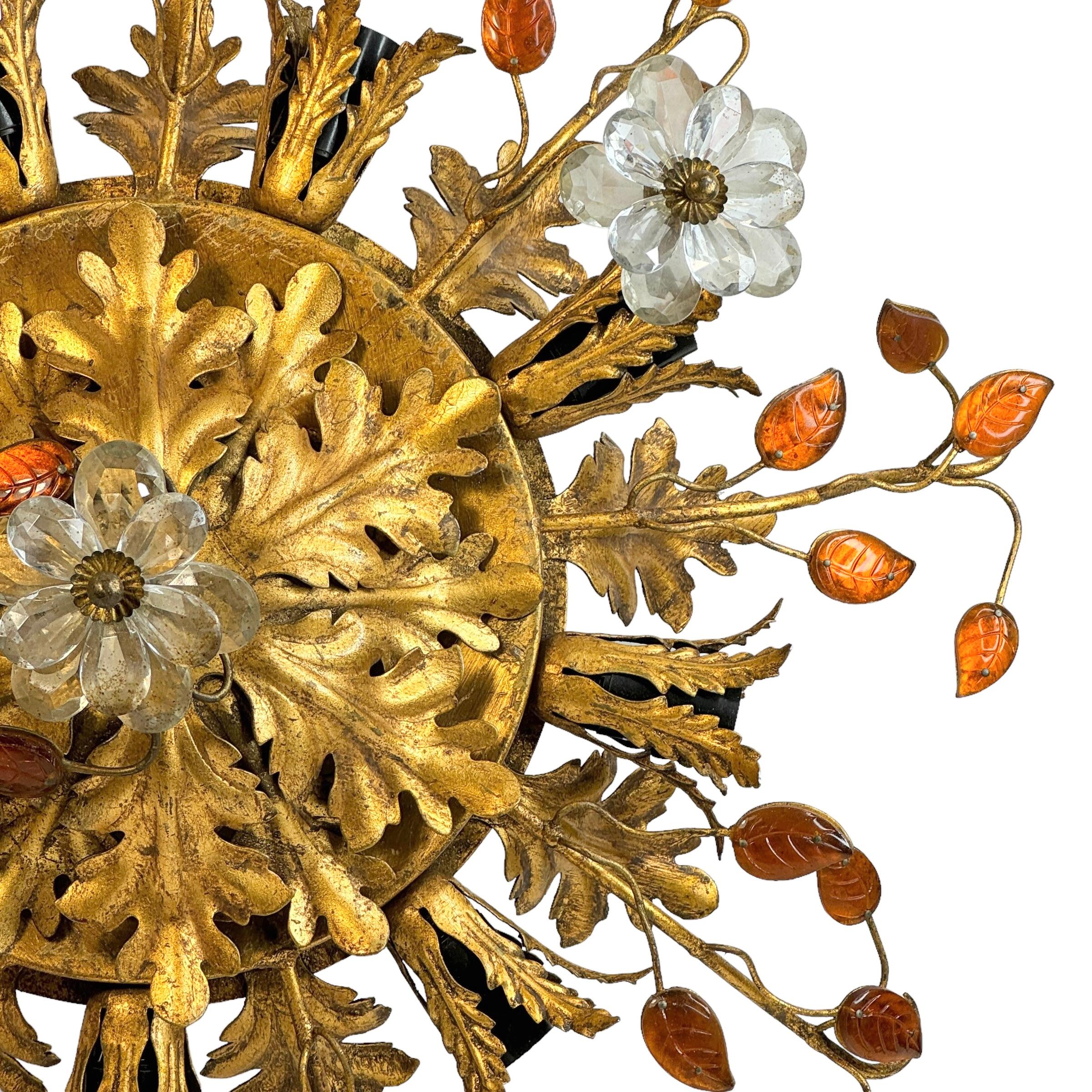 Italian Gigantic Banci Firenze Florentine Murano Glass Flush Mount Tole Toleware Gilt