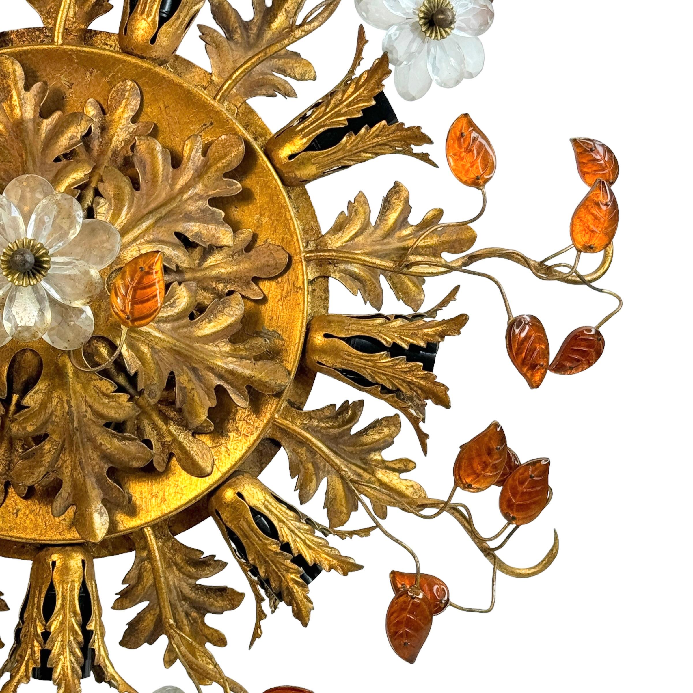 Italian Gigantic Banci Firenze Florentine Murano Glass Flush Mount Tole Toleware Gilt For Sale