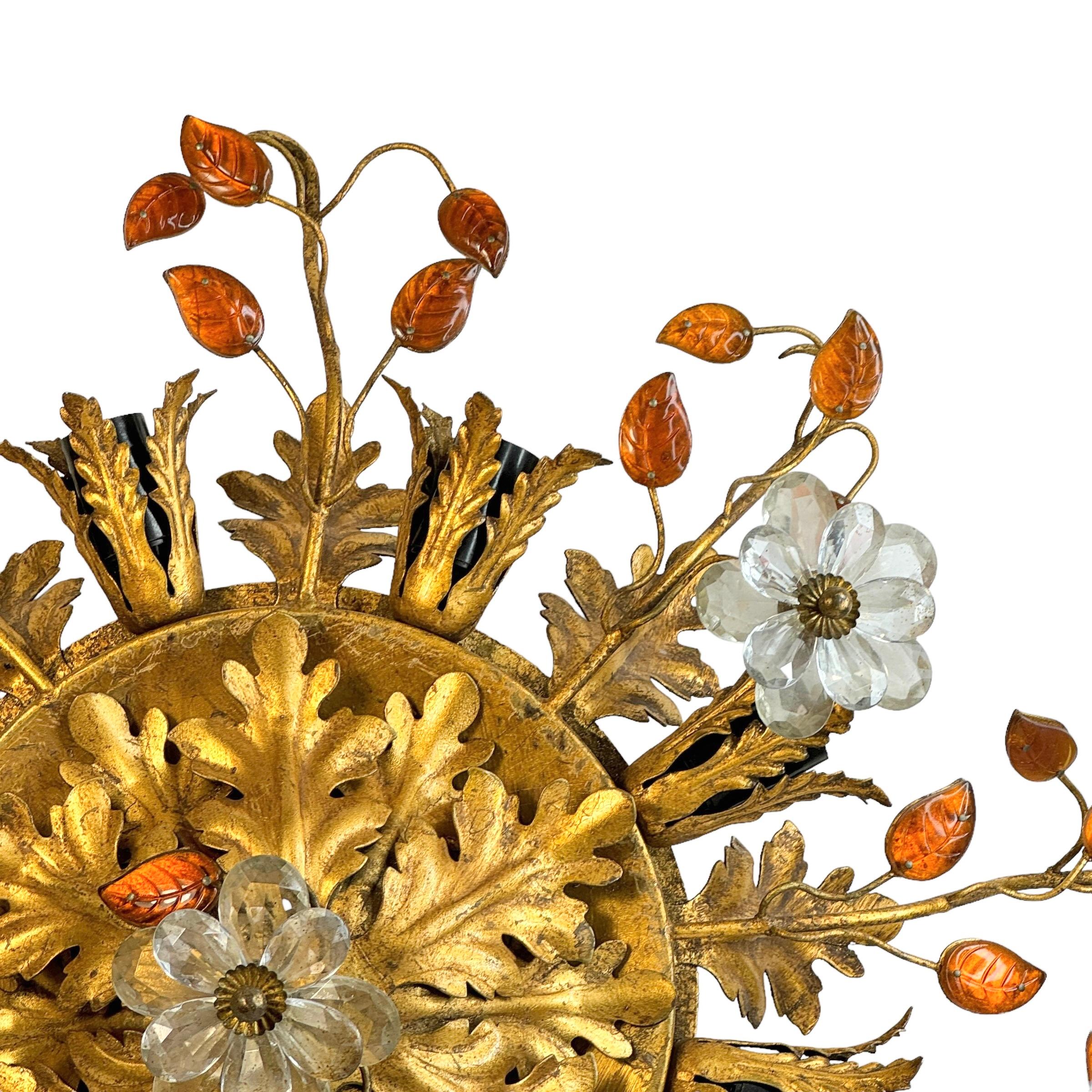 Hand-Crafted Gigantic Banci Firenze Florentine Murano Glass Flush Mount Tole Toleware Gilt