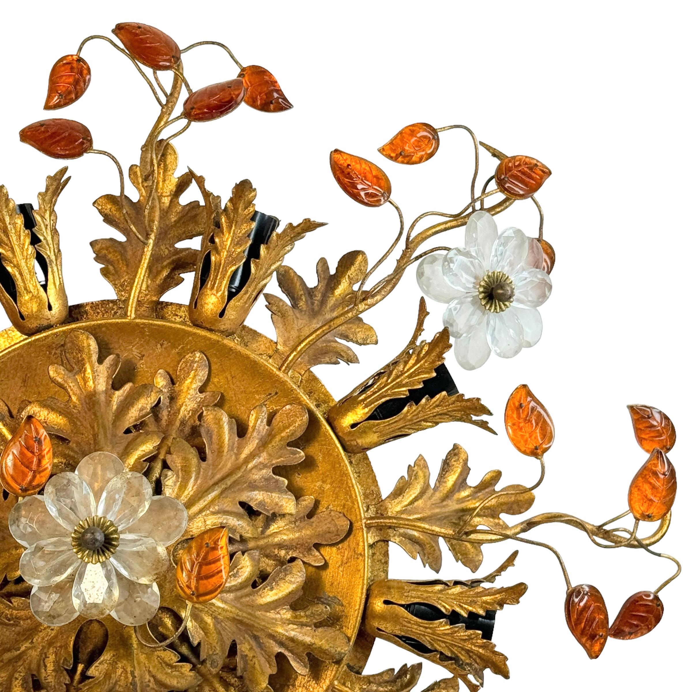 Hand-Crafted Gigantic Banci Firenze Florentine Murano Glass Flush Mount Tole Toleware Gilt For Sale