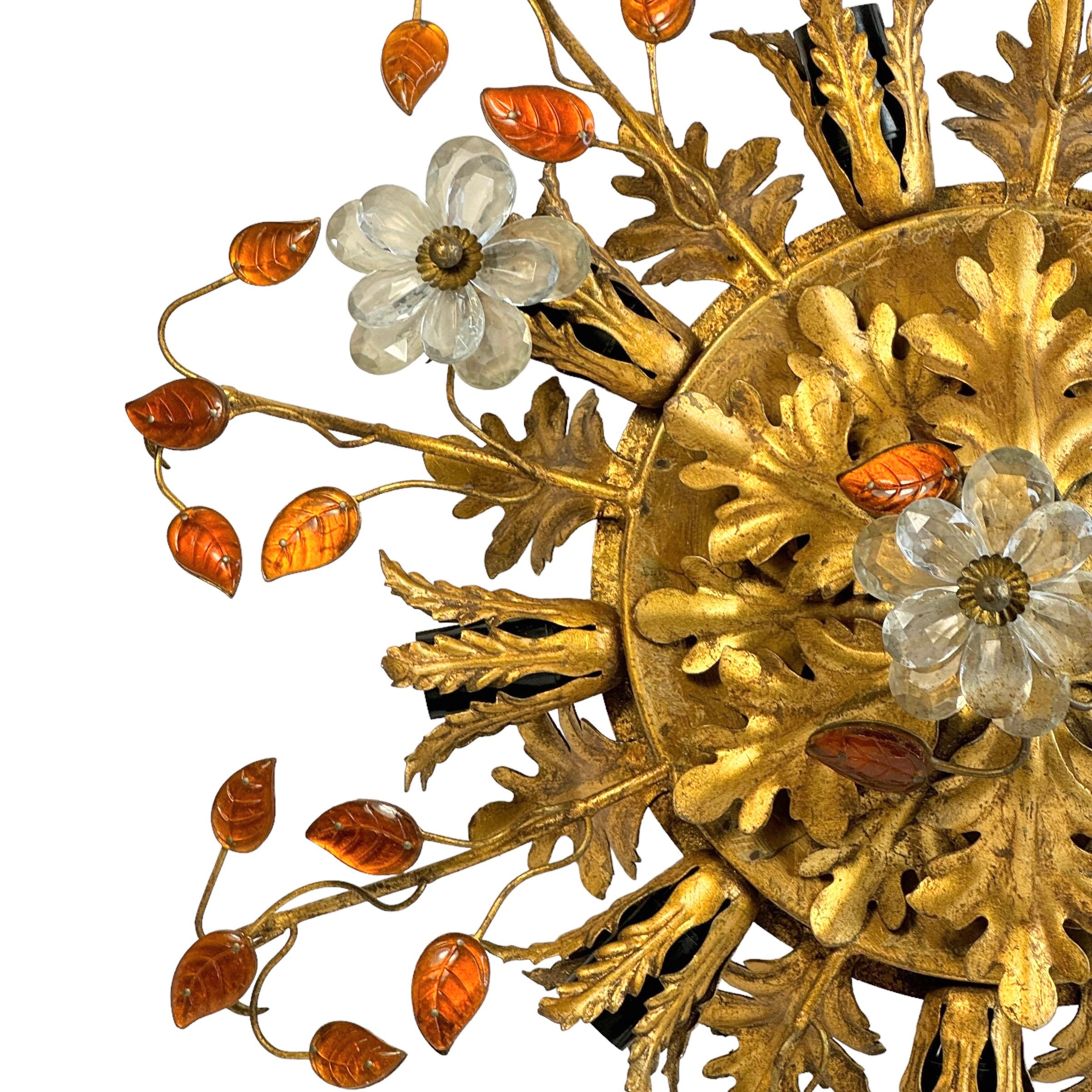 Mid-20th Century Gigantic Banci Firenze Florentine Murano Glass Flush Mount Tole Toleware Gilt