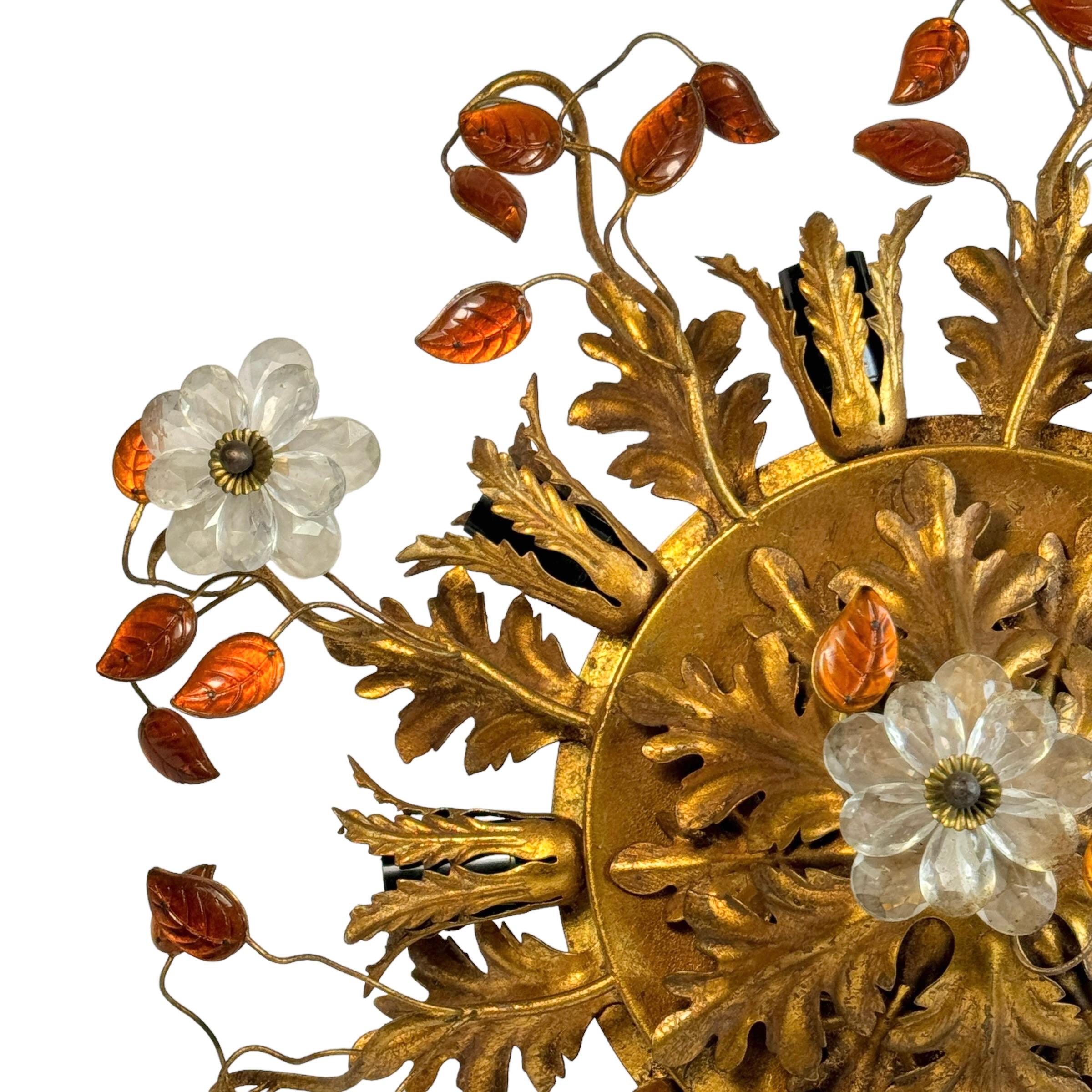 Mid-20th Century Gigantic Banci Firenze Florentine Murano Glass Flush Mount Tole Toleware Gilt For Sale