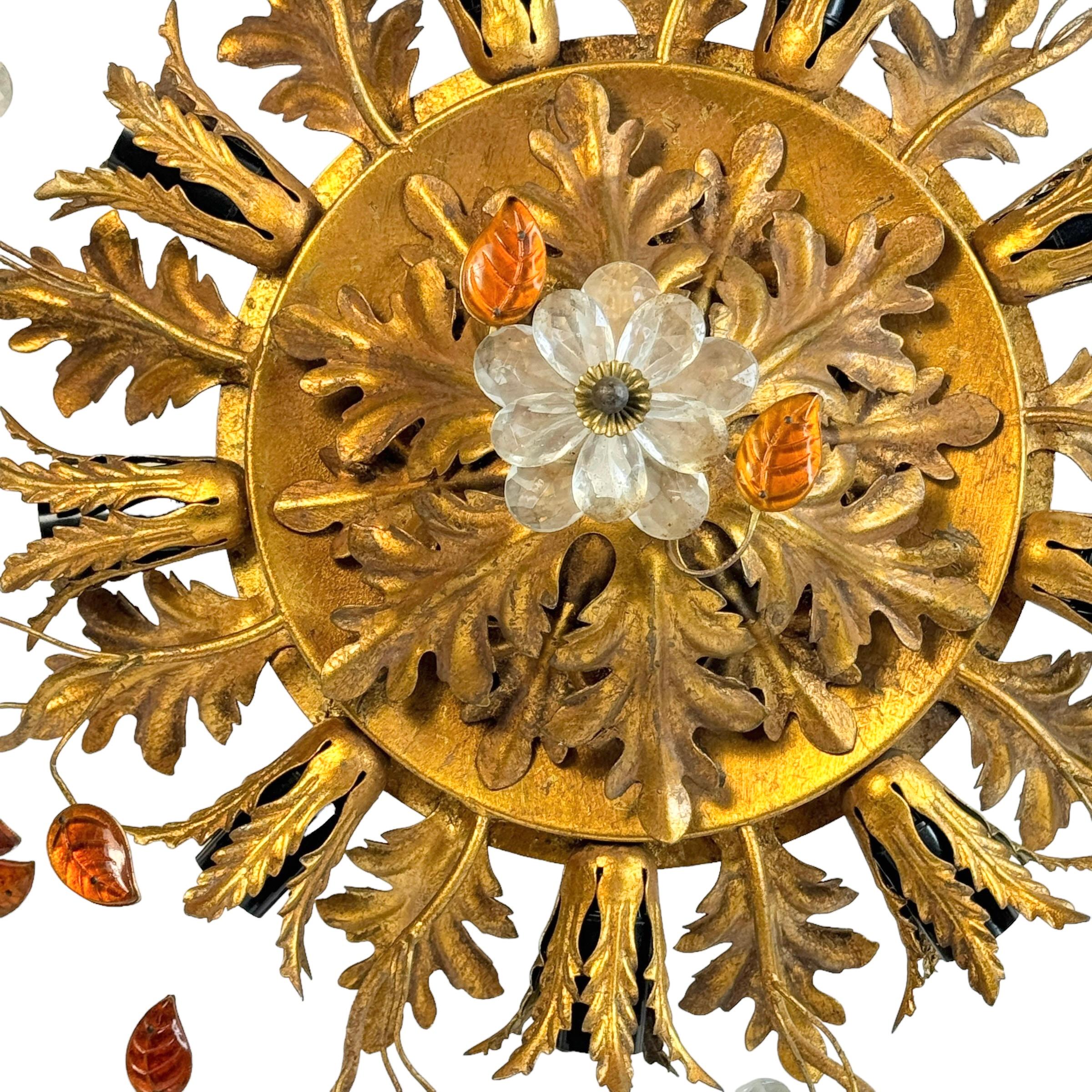 Metal Gigantic Banci Firenze Florentine Murano Glass Flush Mount Tole Toleware Gilt For Sale
