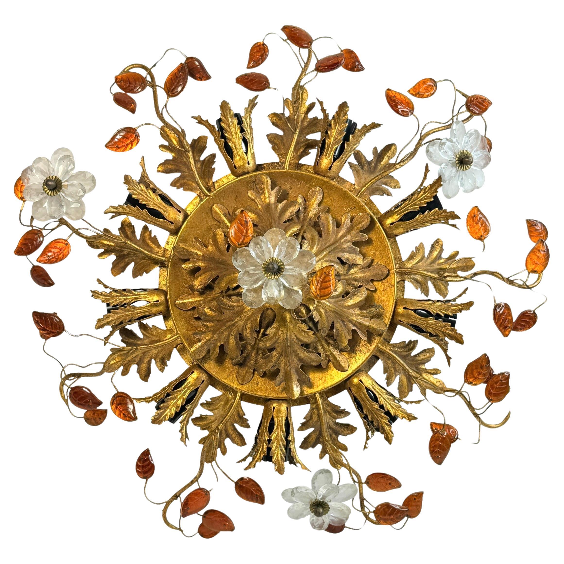 Gigantic Banci Firenze Florentine Murano Glass Flush Mount Tole Toleware Gilt