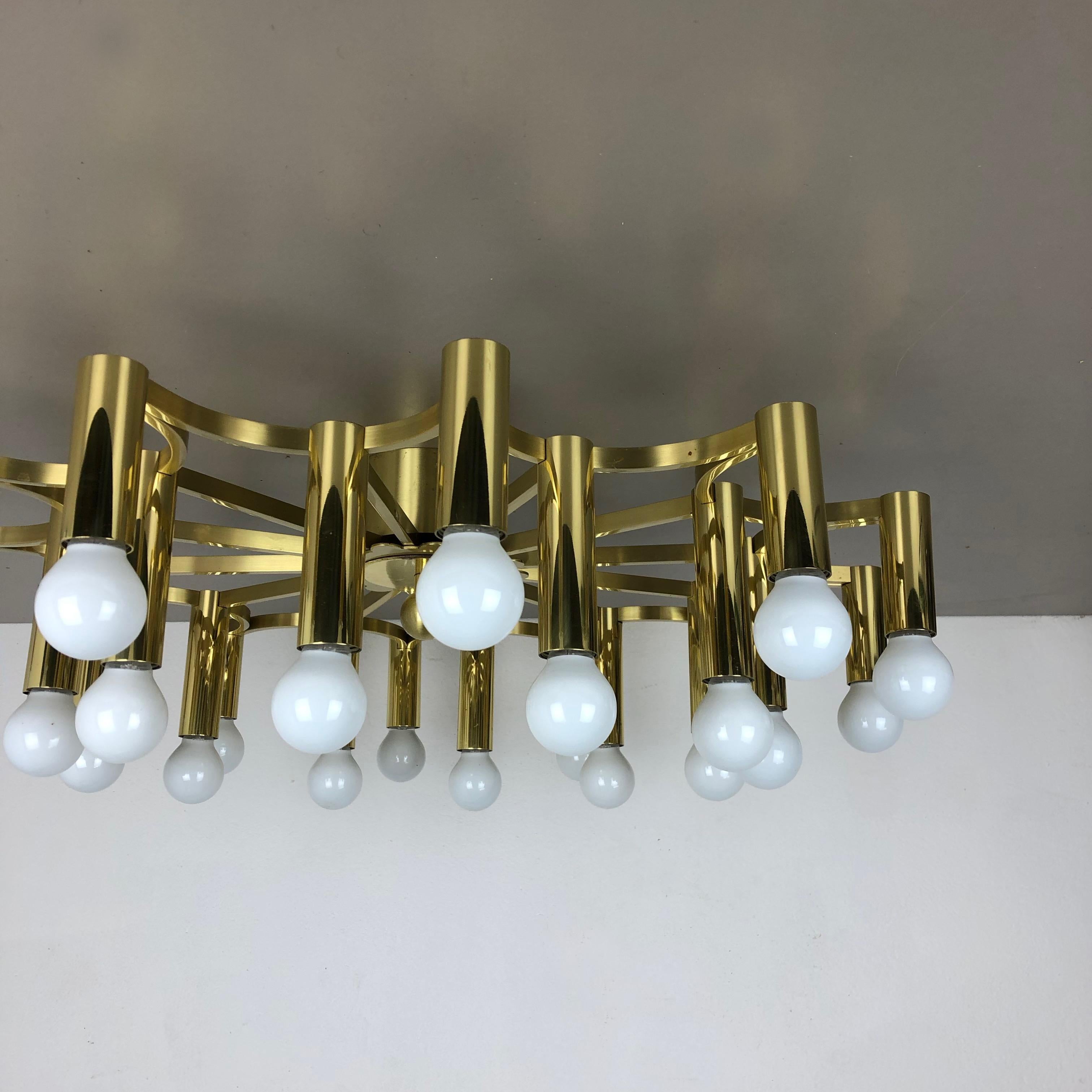 Italian Gigantic Brass 24 Bulb Stilnovo Style Flush Mount Ceiling Light, Italy 1960s For Sale