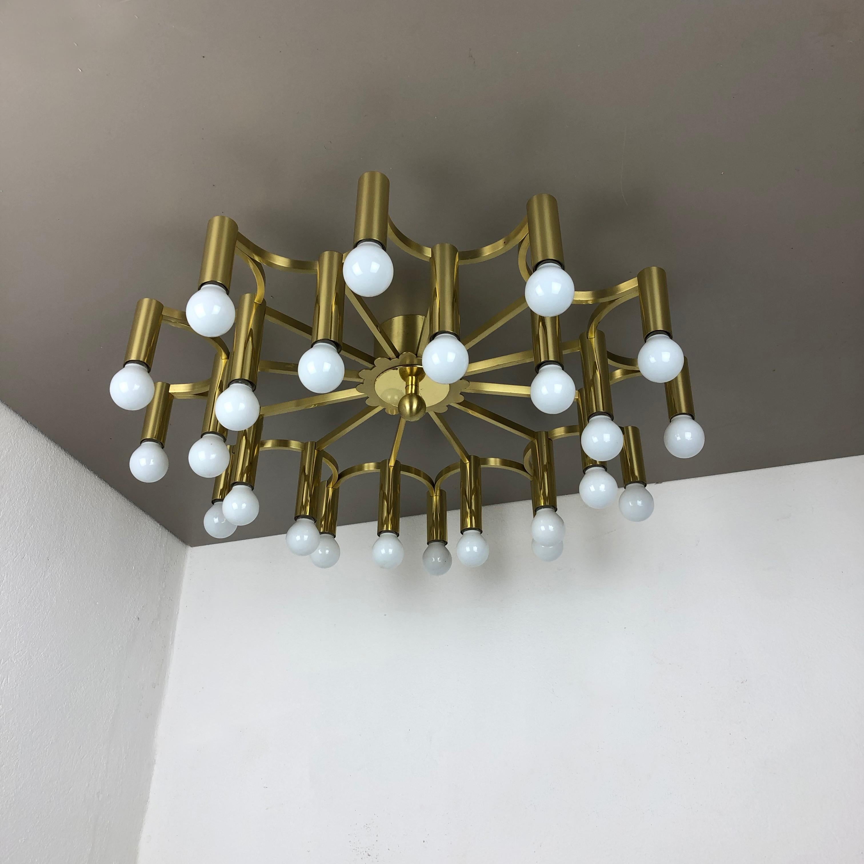 20th Century Gigantic Brass 24 Bulb Stilnovo Style Flush Mount Ceiling Light, Italy 1960s For Sale