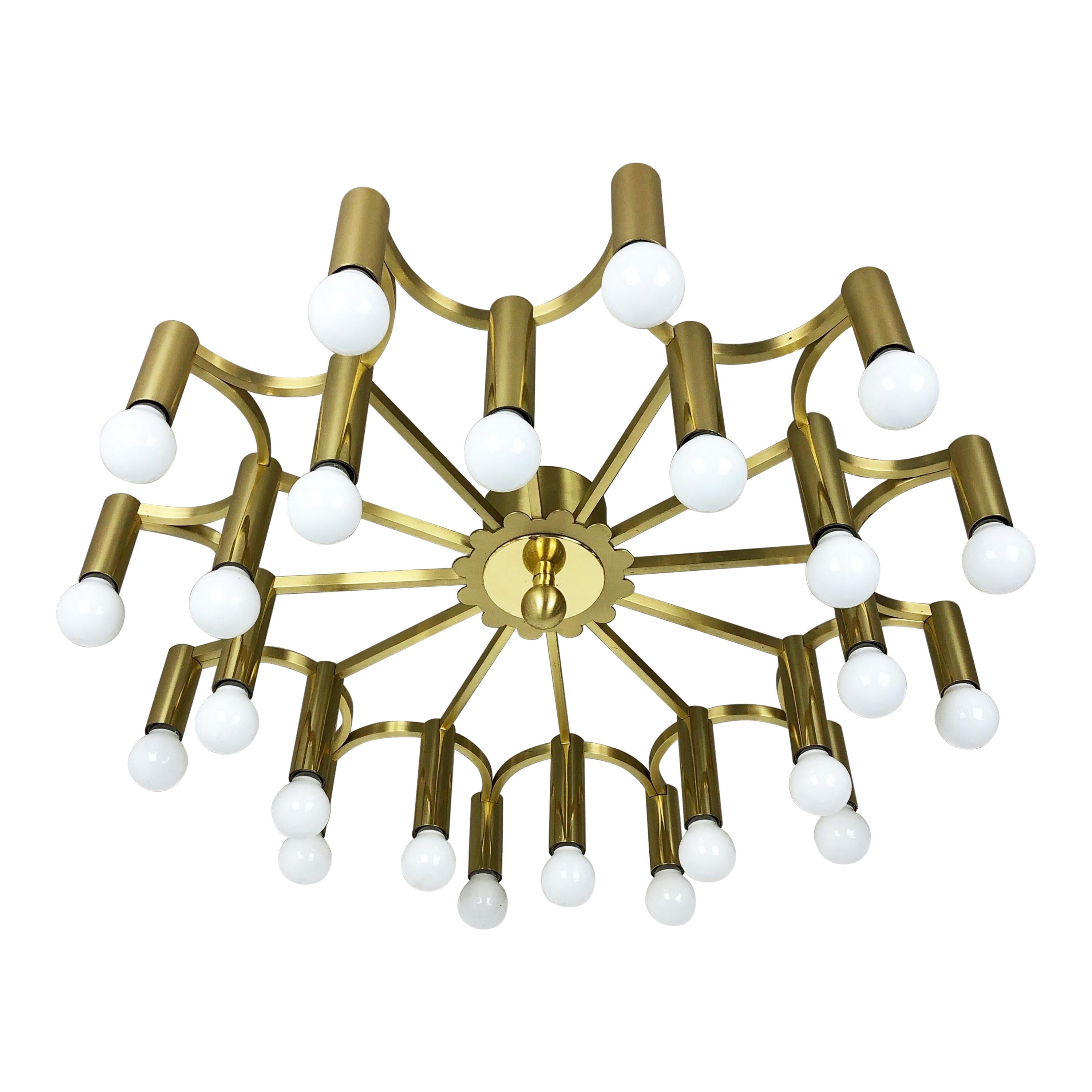 Gigantic Brass 24 Bulb Stilnovo Style Flush Mount Ceiling Light, Italy 1960s