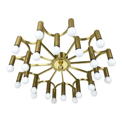Gigantic Brass 24 Bulb Stilnovo Style Flush Mount Ceiling Light, Italy 1960s