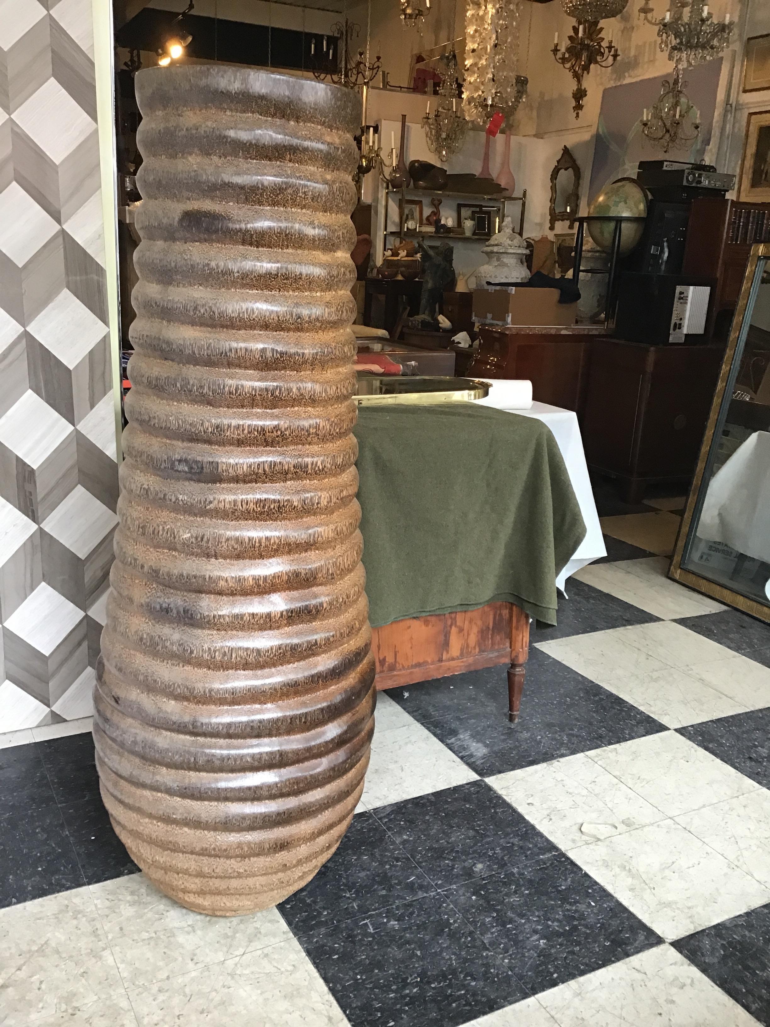 Gigantic Carved Exotic Wood Ribbed Vase In Good Condition For Sale In Tarrytown, NY