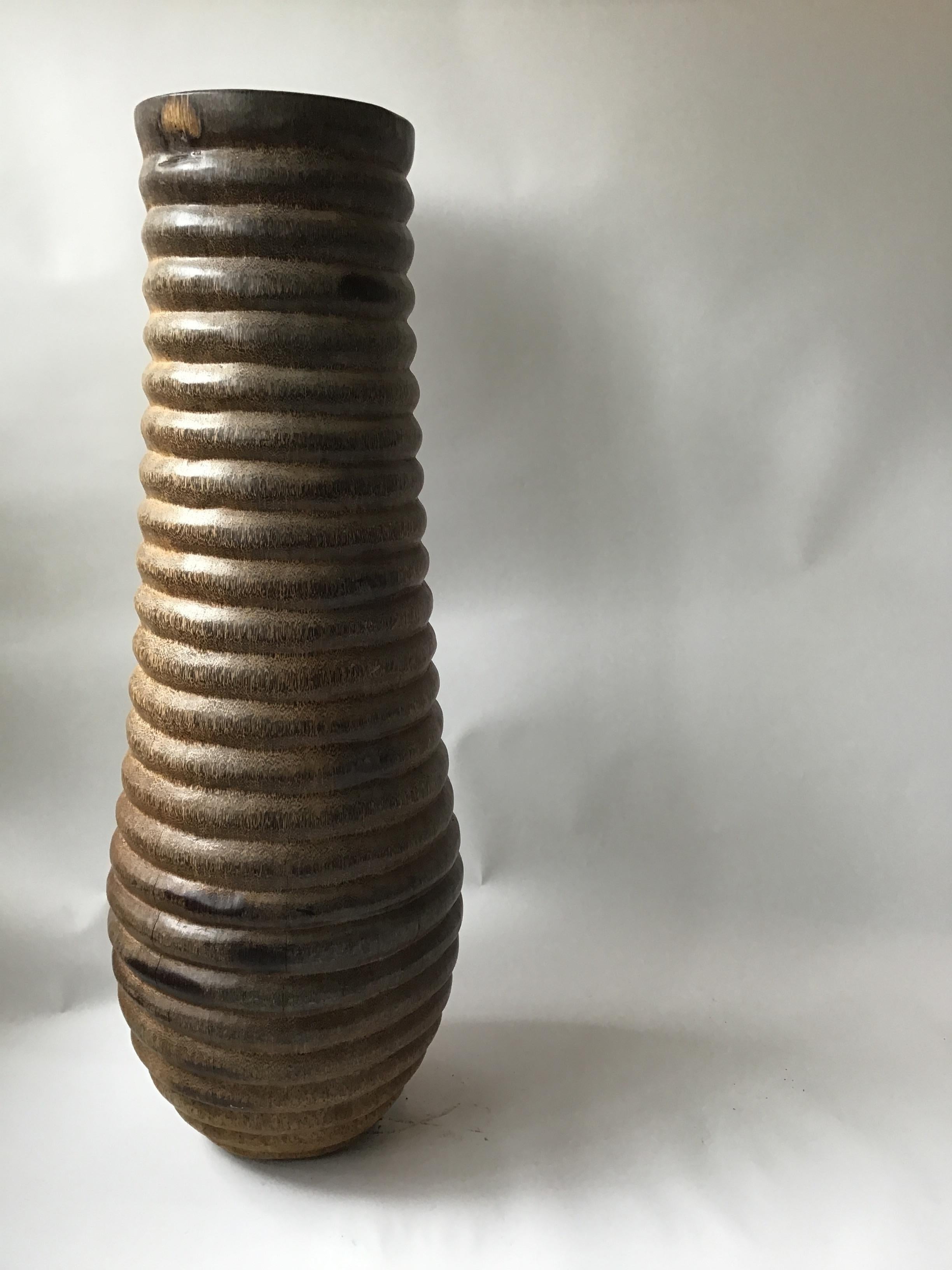 Late 20th Century Gigantic Carved Exotic Wood Ribbed Vase For Sale