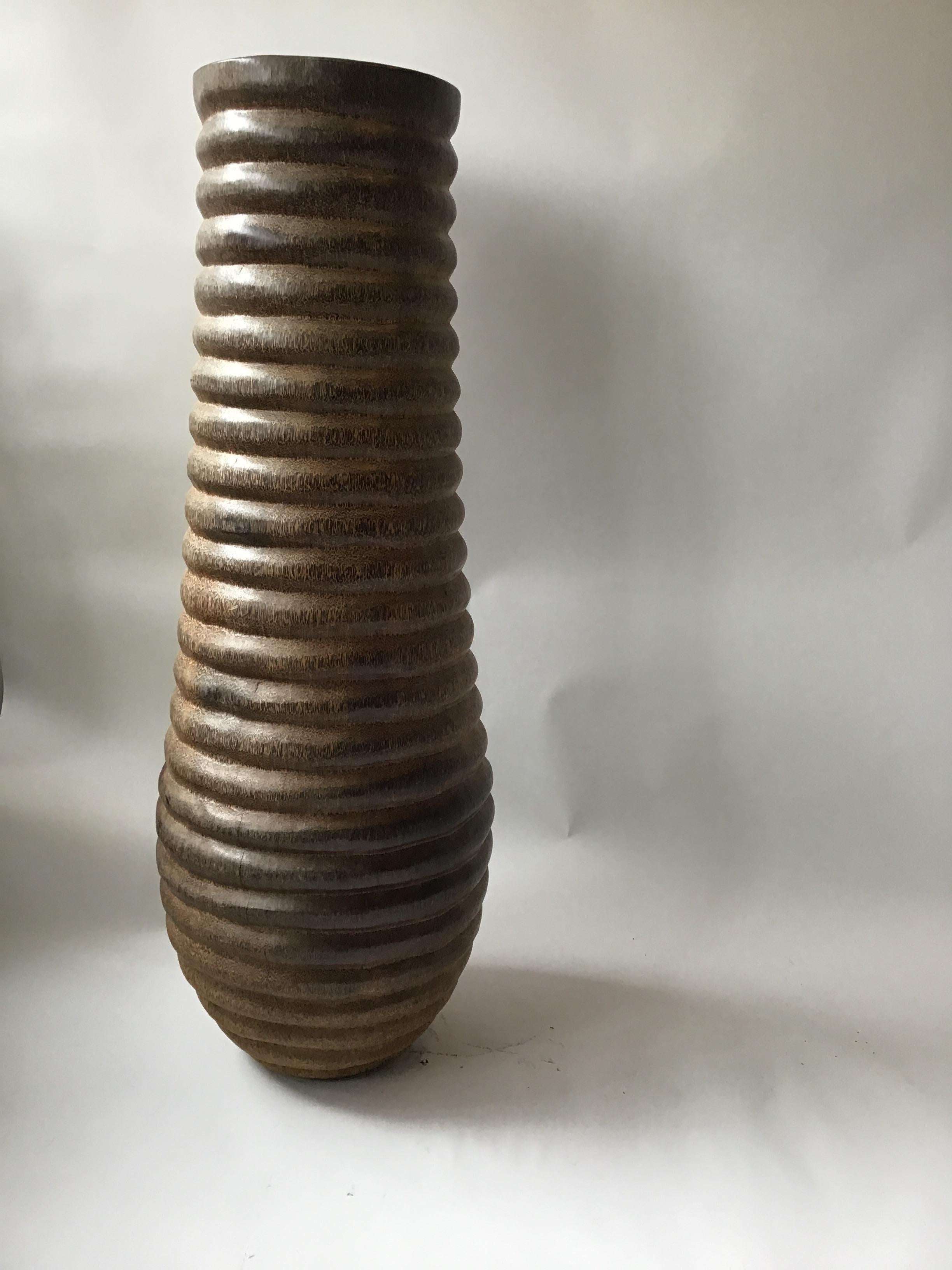 Gigantic Carved Exotic Wood Ribbed Vase For Sale 1