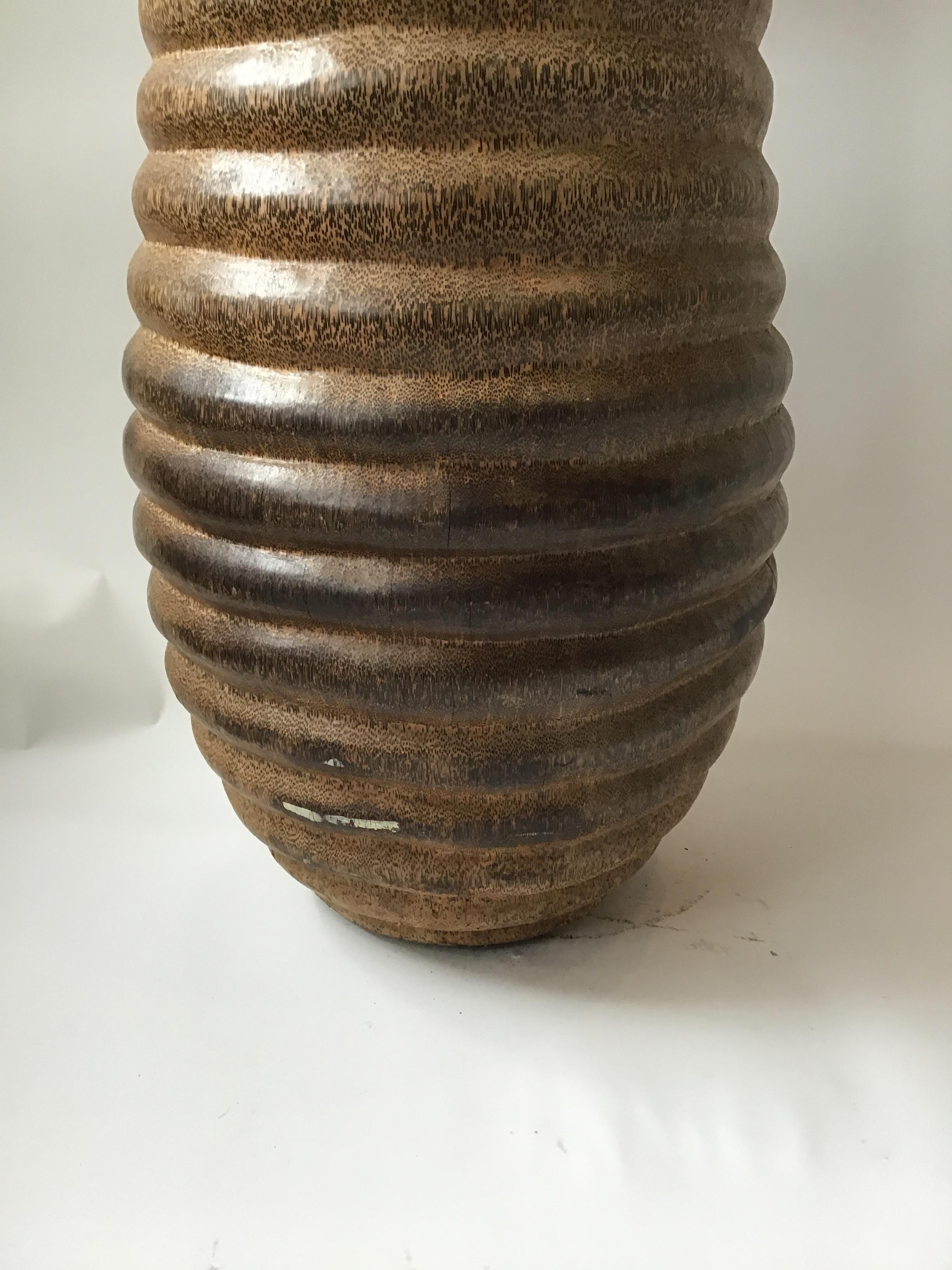 Gigantic Carved Exotic Wood Ribbed Vase For Sale 5