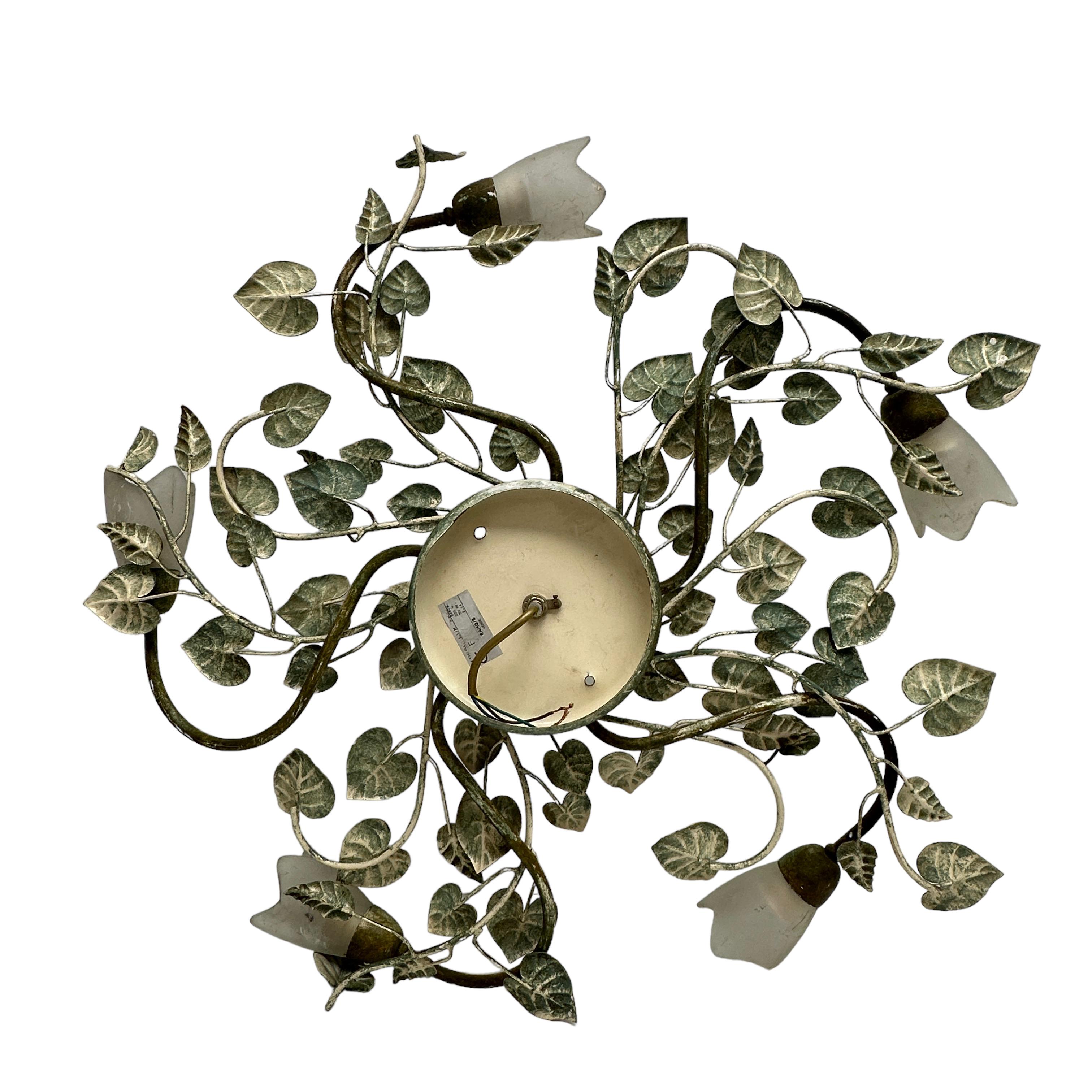 Metal Gigantic Firenze Florentine Flush Mount with Glass Shades Tole Toleware, Italy