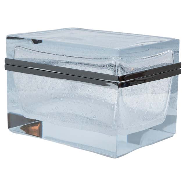 Medium Murano Frosted White Sommerso Square Glass Box, Contemporary For ...