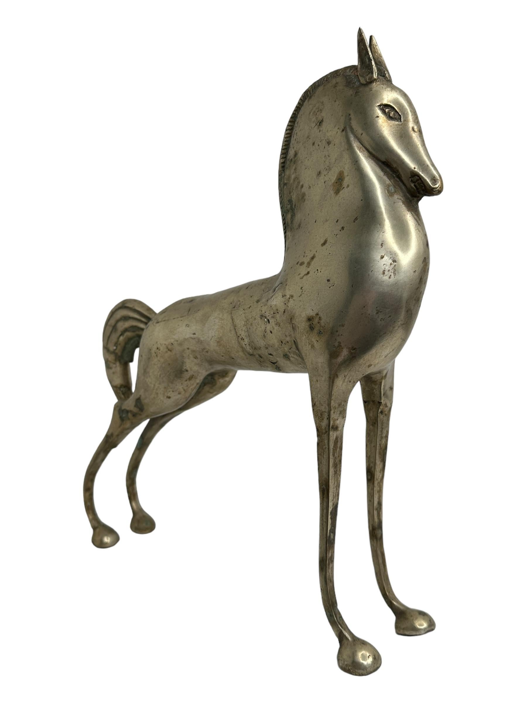 Mid-Century Modern Gigantic Nickel Etruscan Horse Sculpture Weinberg Style 1970s, Italy For Sale