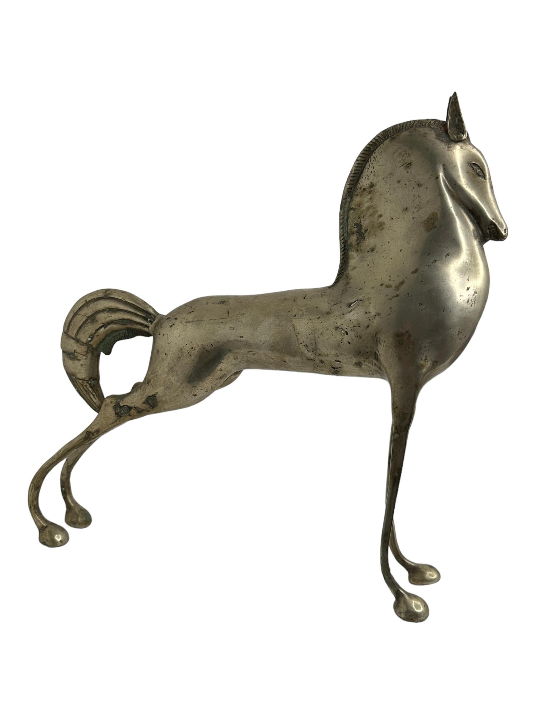 German Gigantic Nickel Etruscan Horse Sculpture Weinberg Style 1970s, Italy For Sale