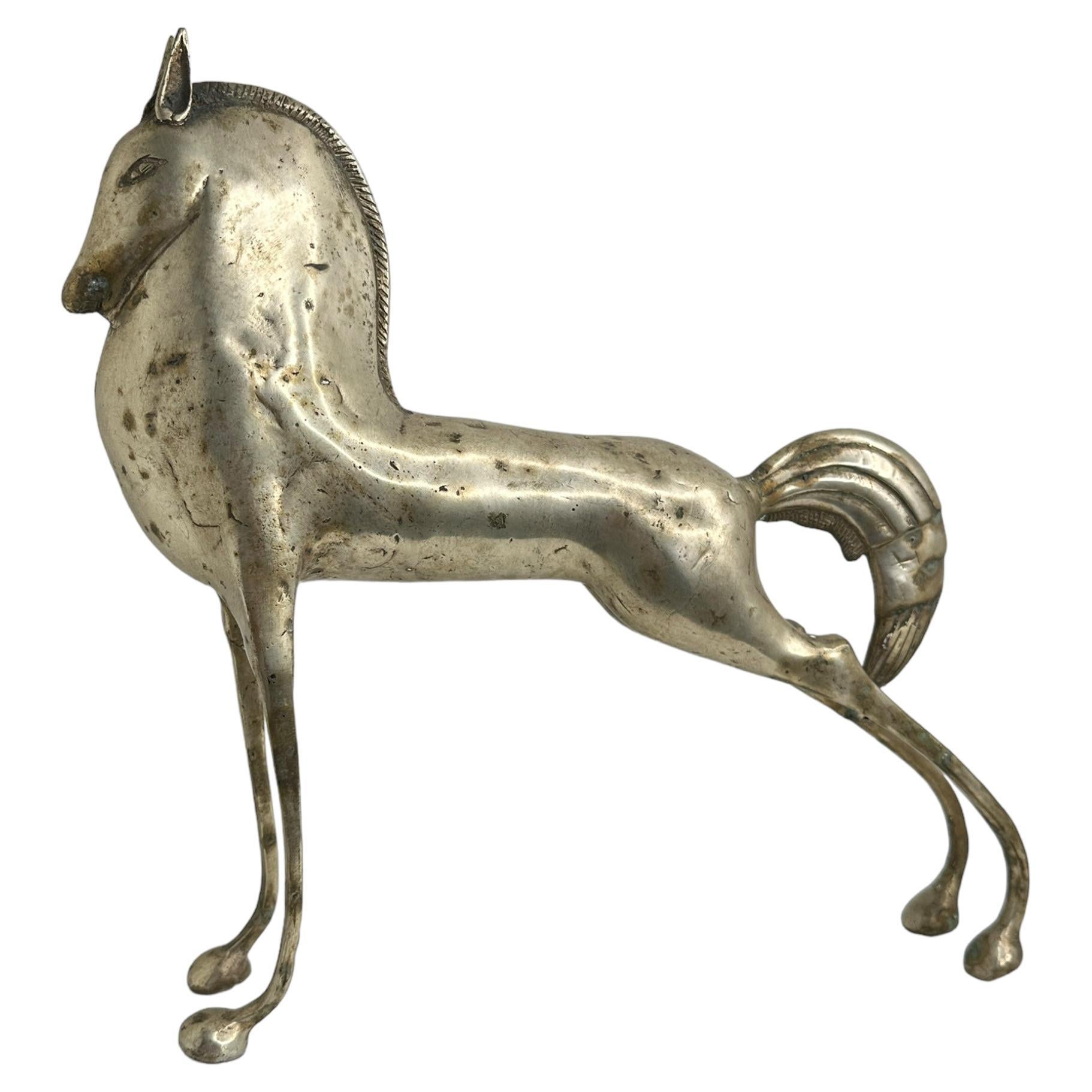 Gigantic Nickel Etruscan Horse Sculpture Weinberg Style 1970s, Italy For Sale