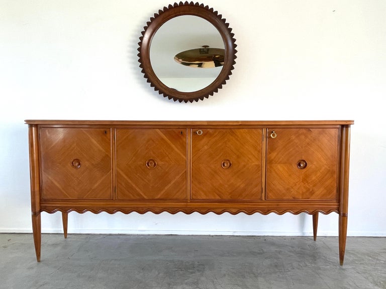 Gigantic cabinet by Paolo Buffa. - Italy, circa 1940's
Beautiful scalloped edges with four doors opening to reveal storage. 
Impressive in scale and parquetry wood is exceptional. 
Signature tapered legs with original brass hardware / keys - used