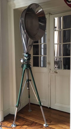 Gigantic Steel circa 1950 Floor Industrial Lamp on Movie Gyroscopic Tripod