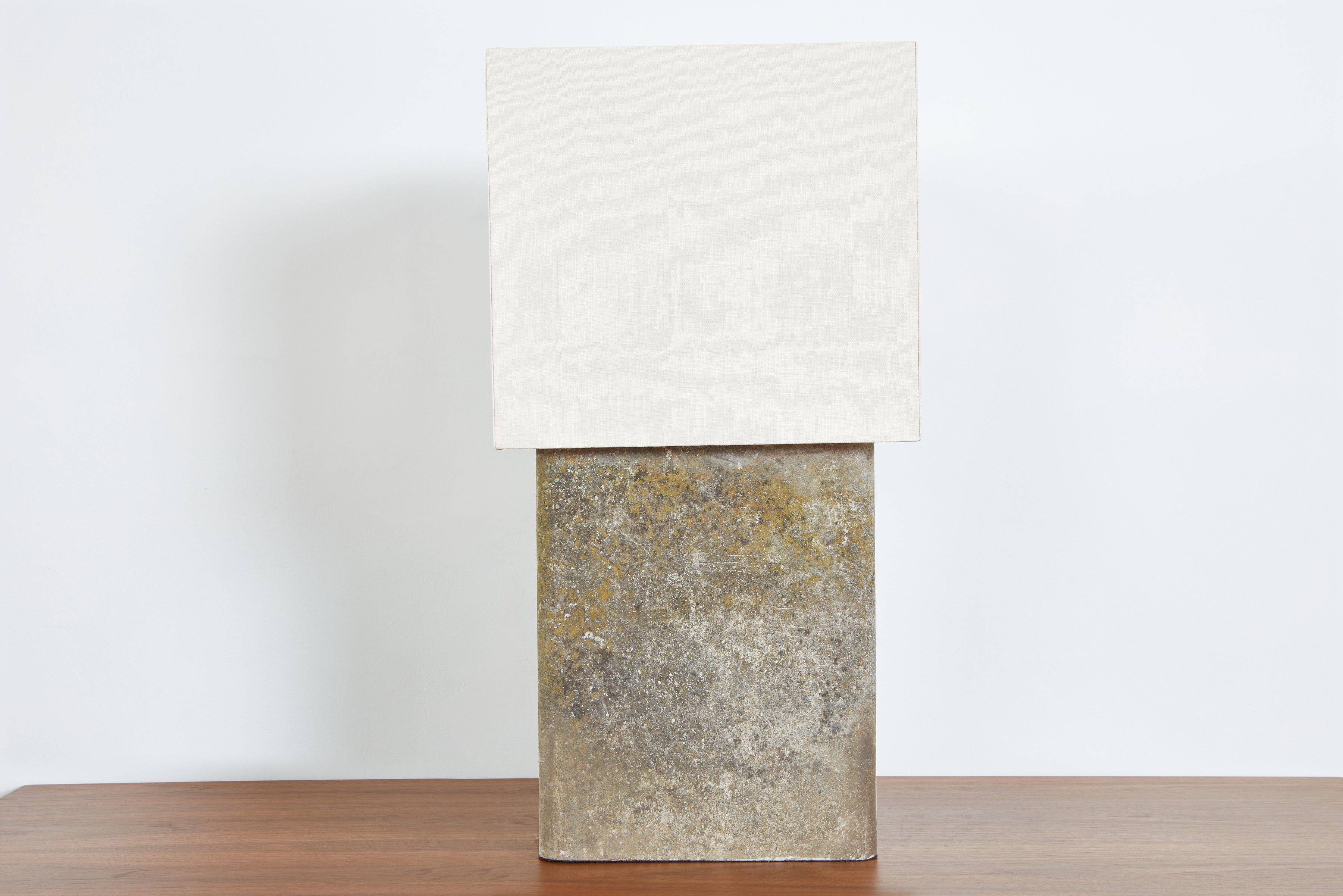 Gigantic Willy Guhl concrete table lamp with beautiful patina. 
New square linen shade 



