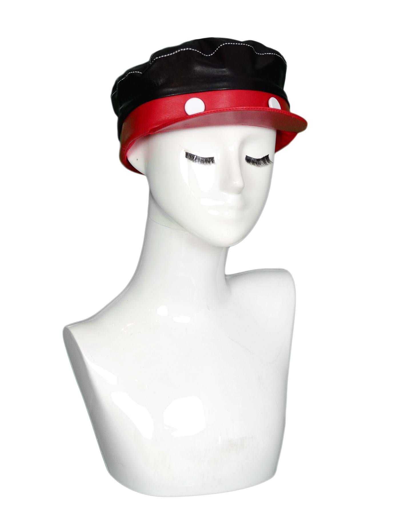 Gigi Burris Black/Red Disney 1928 Willie Mickey Mouse Leather Cap Hat

Color: Black/red
Materials: Leather
Lining: Yellow textile
Closure/Opening: Pull on
Overall Condition: Excellent condition with original tags attached
Estimated Retail: $410 +