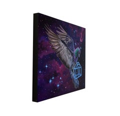 "Tieni duro" di Gigi Chen, pittura acrilica di un uccello celeste