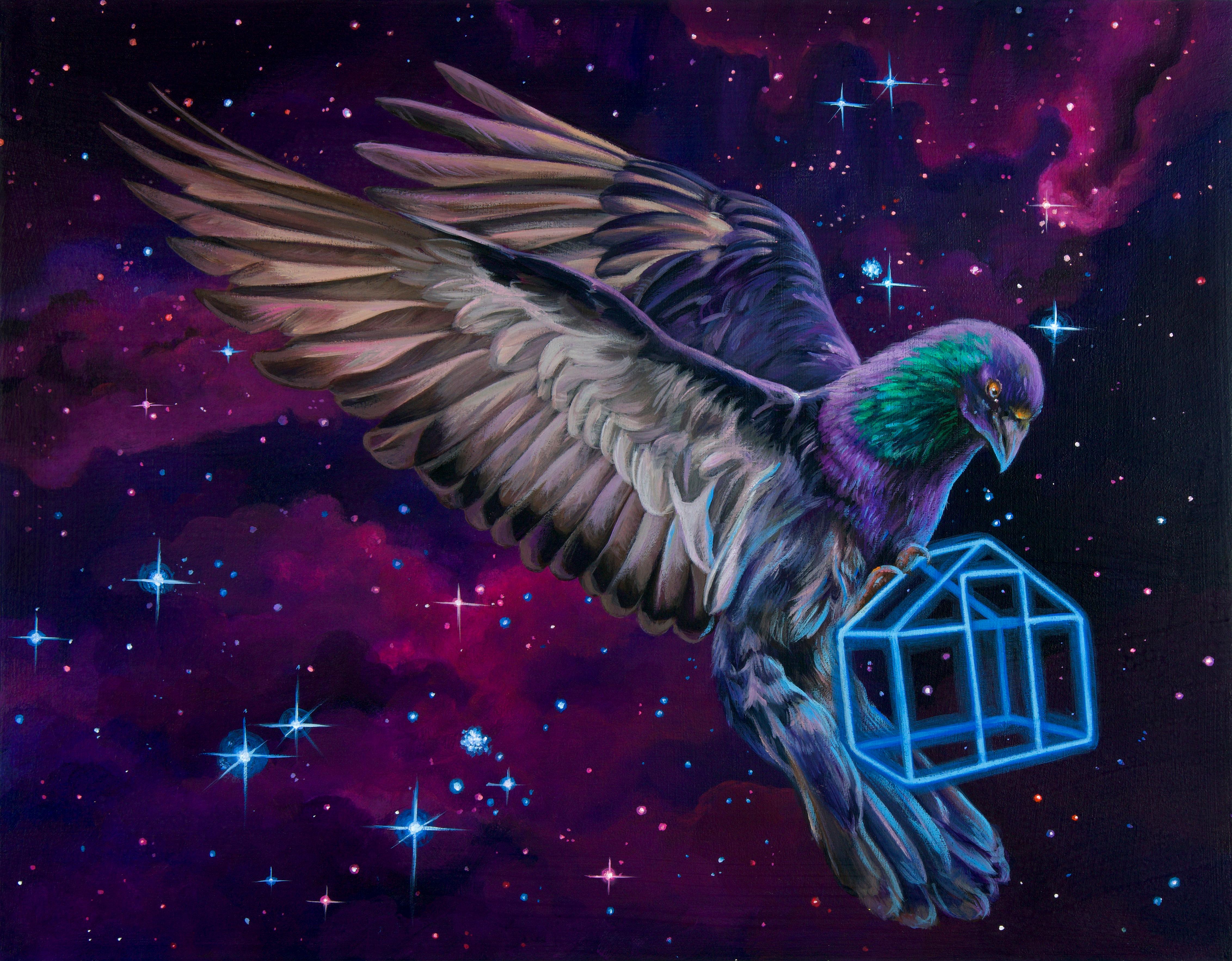 "Hold on Tight" by Gigi Chen, Acrylic Painting of Celestial Bird
