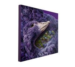 "Attraverso la notte" di Gigi Chen, dipinto ad acrilico di un uccello con un villaggio