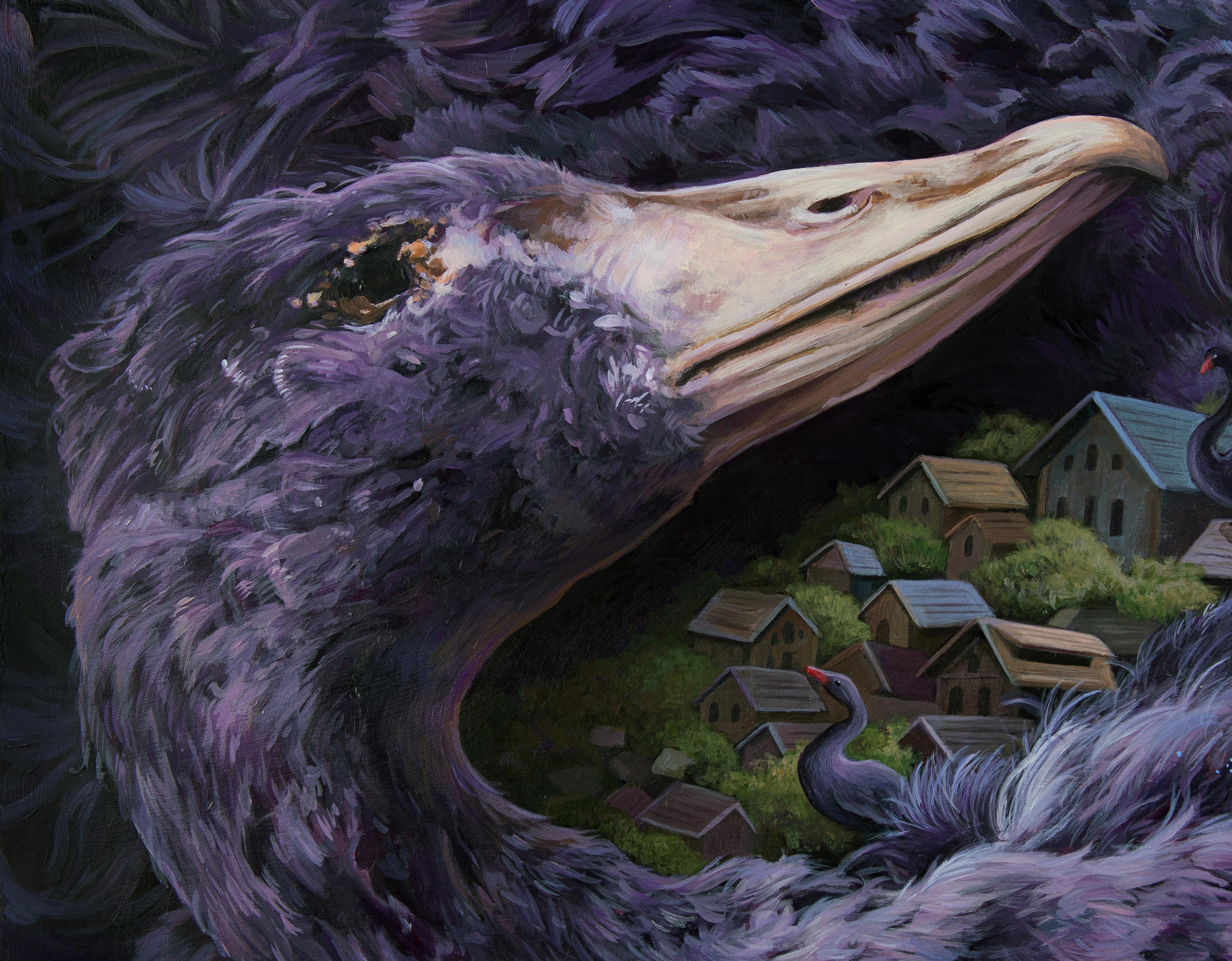 „Through the Night“ von Gigi Chen, Acrylgemälde eines Vogels mit Dorf