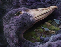 „Through the Night“ von Gigi Chen, Acrylgemälde eines Vogels mit Dorf