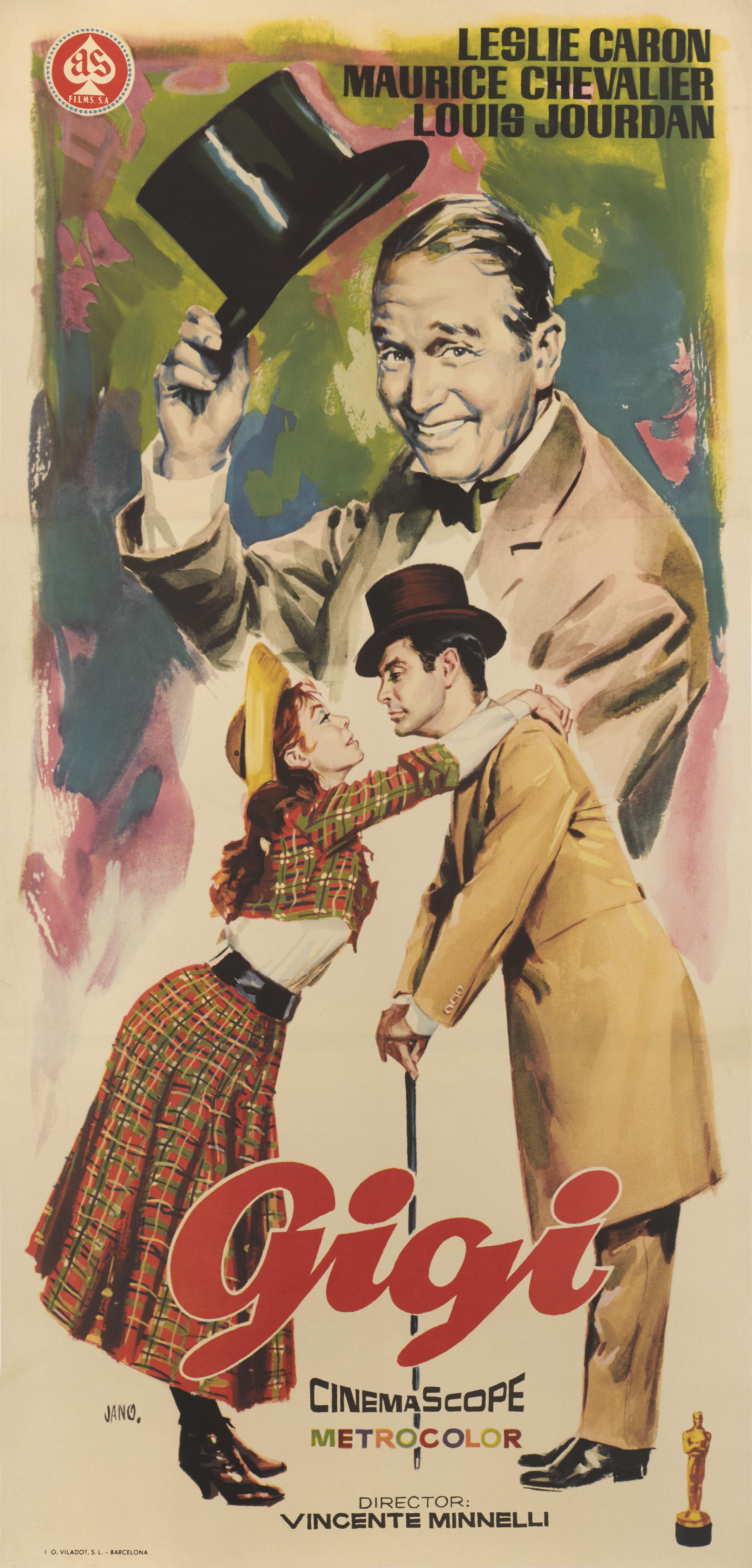Original Spanish film poster for the American romantic musical romantic comedy directed by Vincente Minnelli and starring Leslie Caron, Maurice Chevalier, Louis Jourdan. The artwork on this poster is by the Spanish artist Jano. 
This poster is