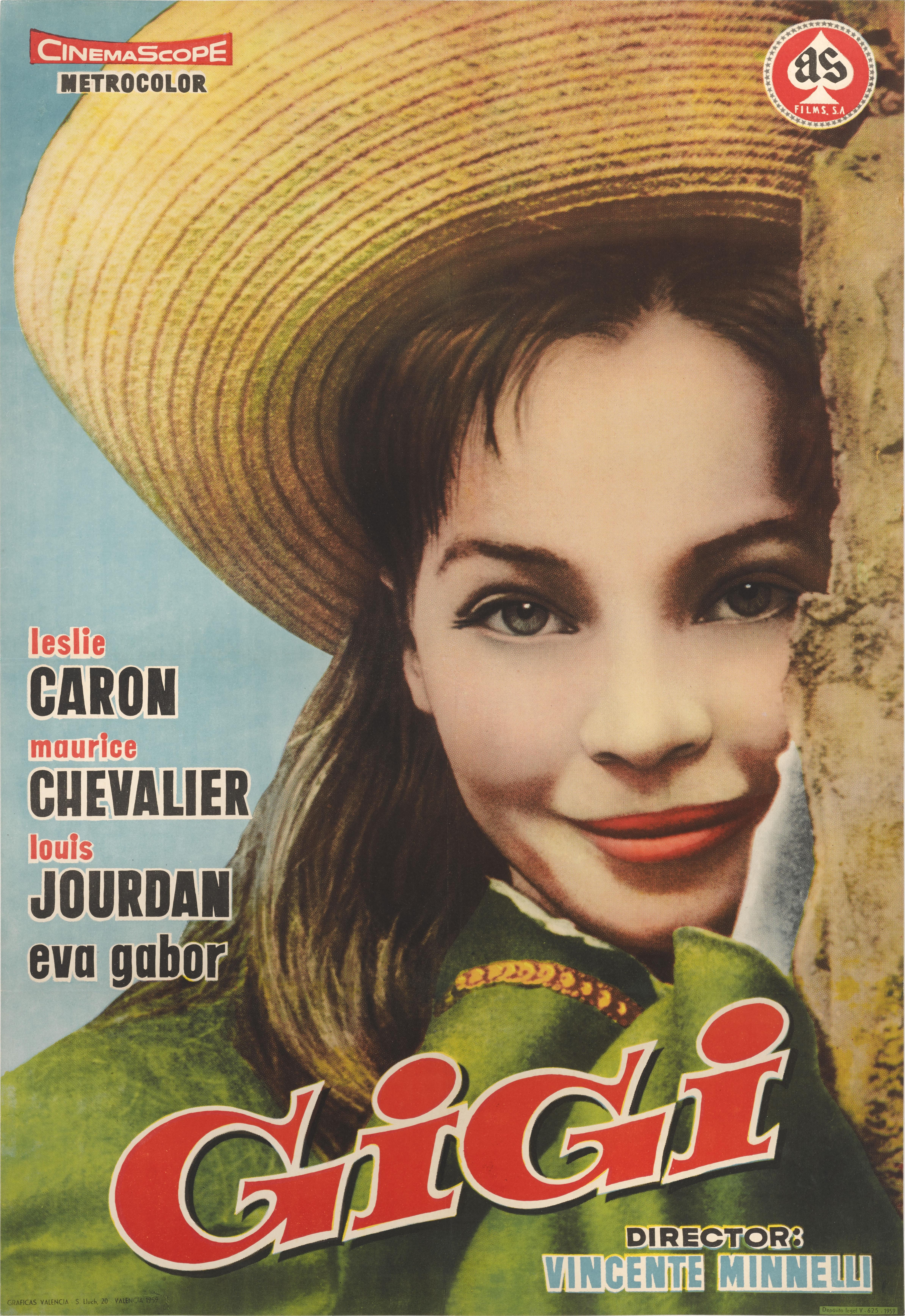 Original Spanish film poster for the American romantic musical romantic comedy directed by Vincente Minnelli and starring Leslie Caron, Maurice Chevalier and Louis Jourdan. 
This poster is conservation linen backed and it would be shipped by