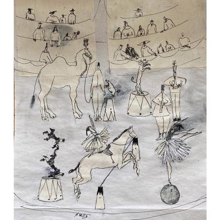 Figurative Print Gigi Mills - Cirque avec chameau et caniche en équilibre