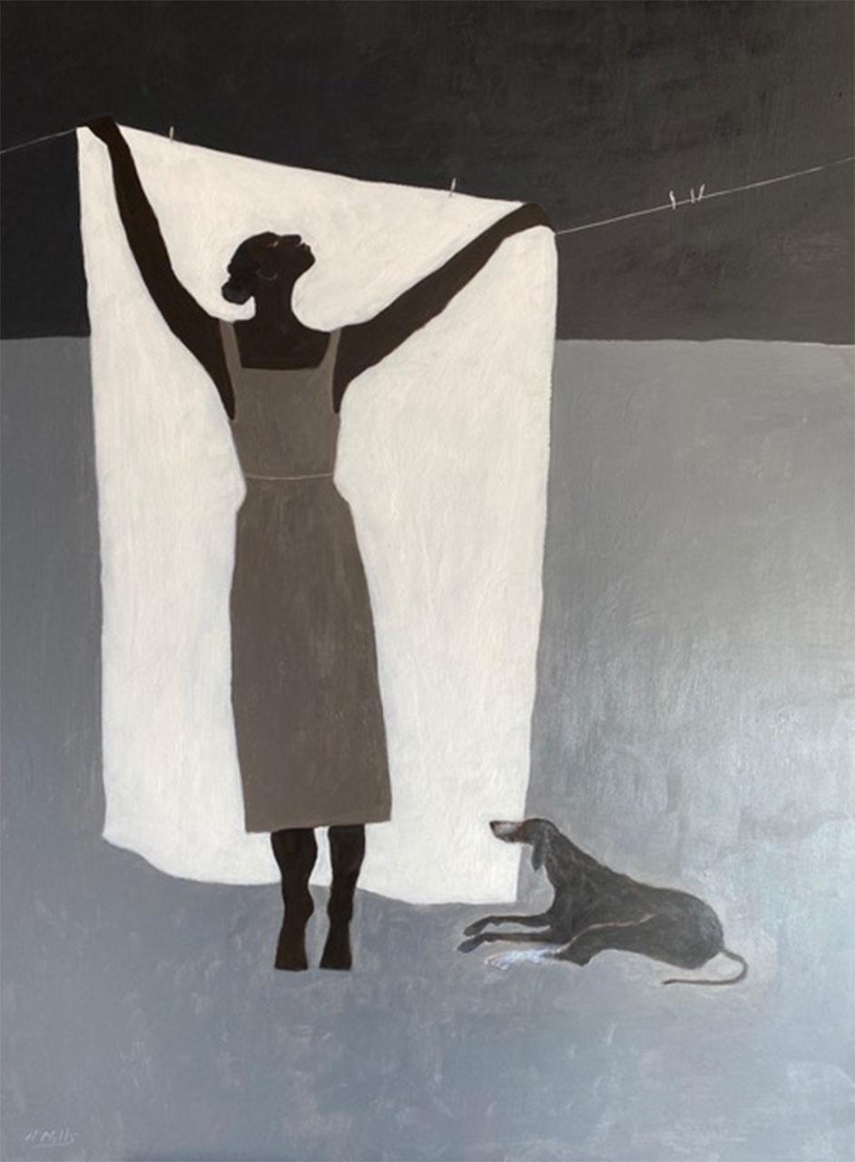 Gigi Mills Landscape Print - Hanging the Laundry/Brown Dress and Waiting Hound