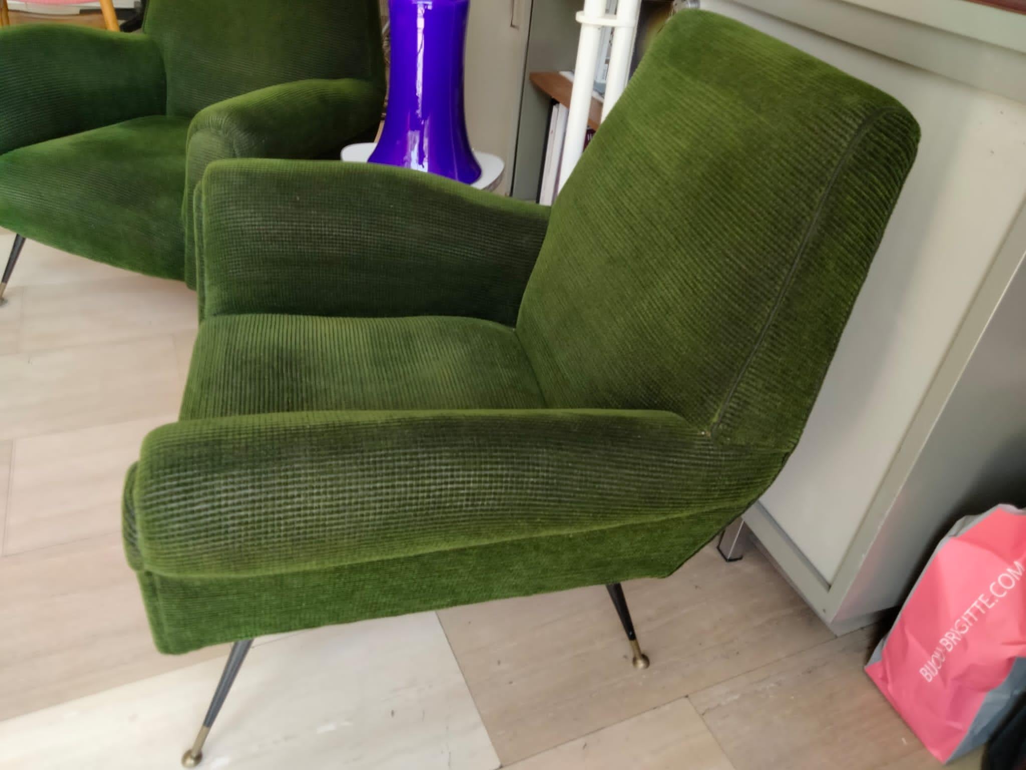 Mid-Century Modern Gigi Radice 2 Armchairs Green and Original Velvet