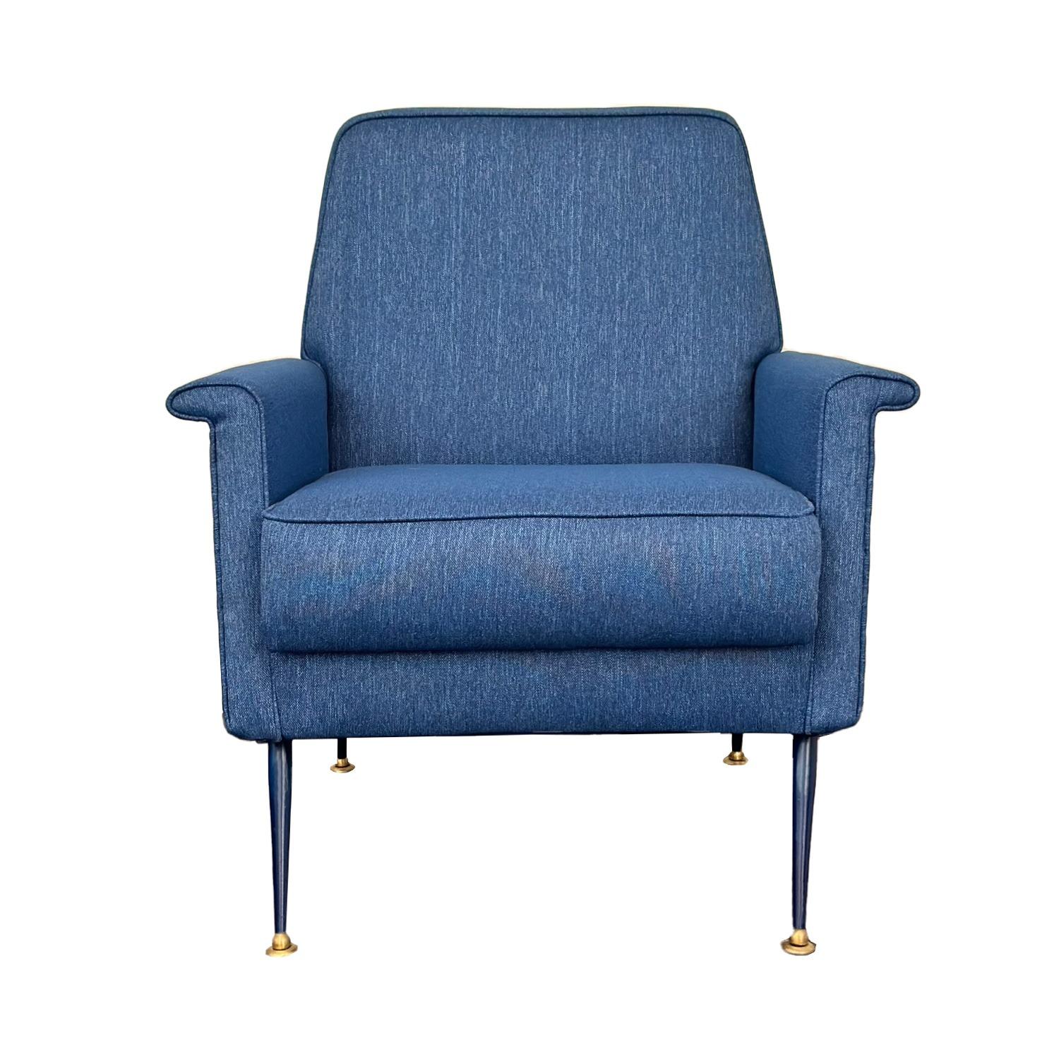 Moderne Fauteuil attribué à Gigi Radice pour Minotti en lin bleu des années 1960 en vente