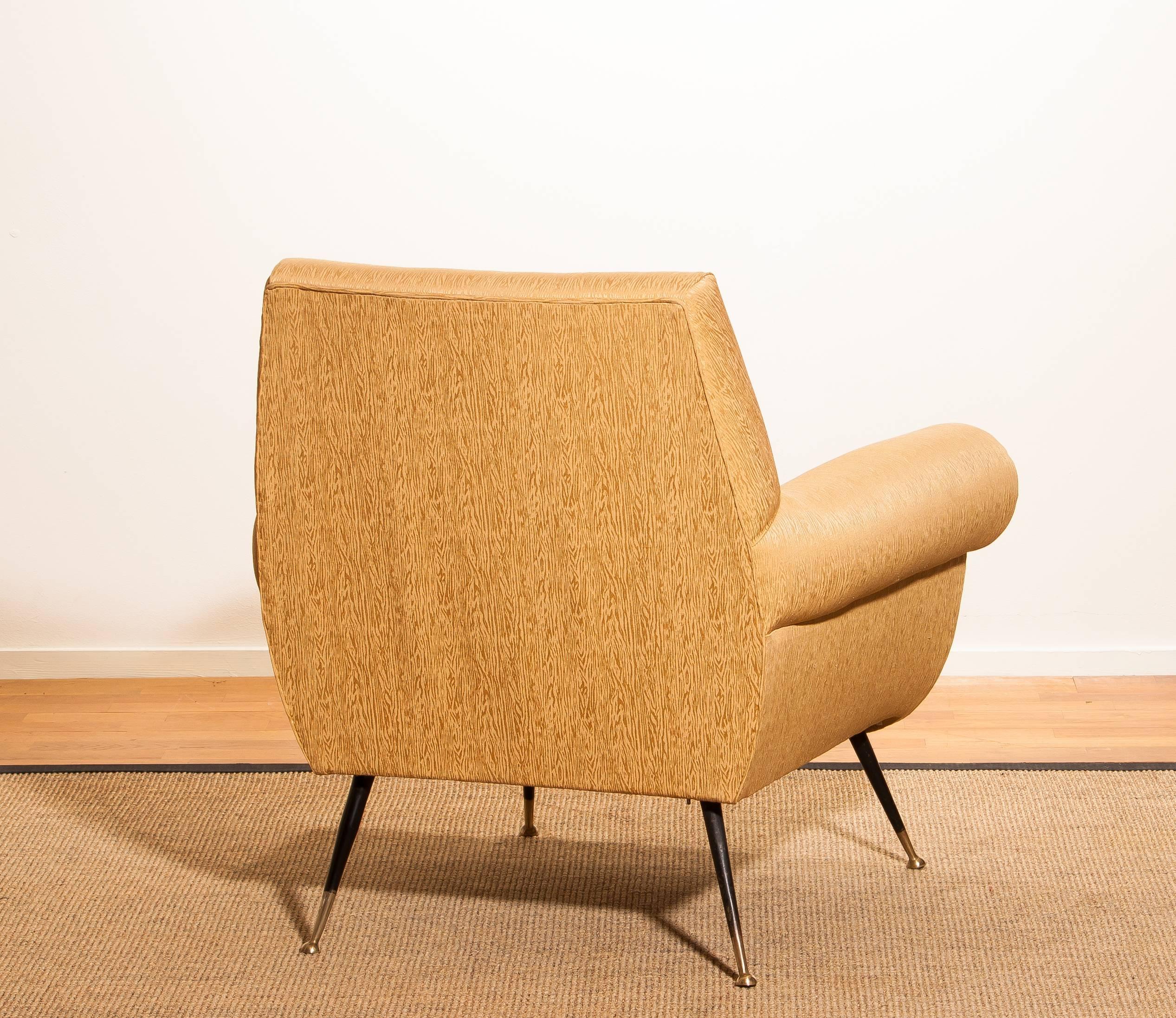 Mid-Century Modern Gigi Radice for Minotti Easy Chair in Gold Colored Jacquard And Slim Brass Legs.