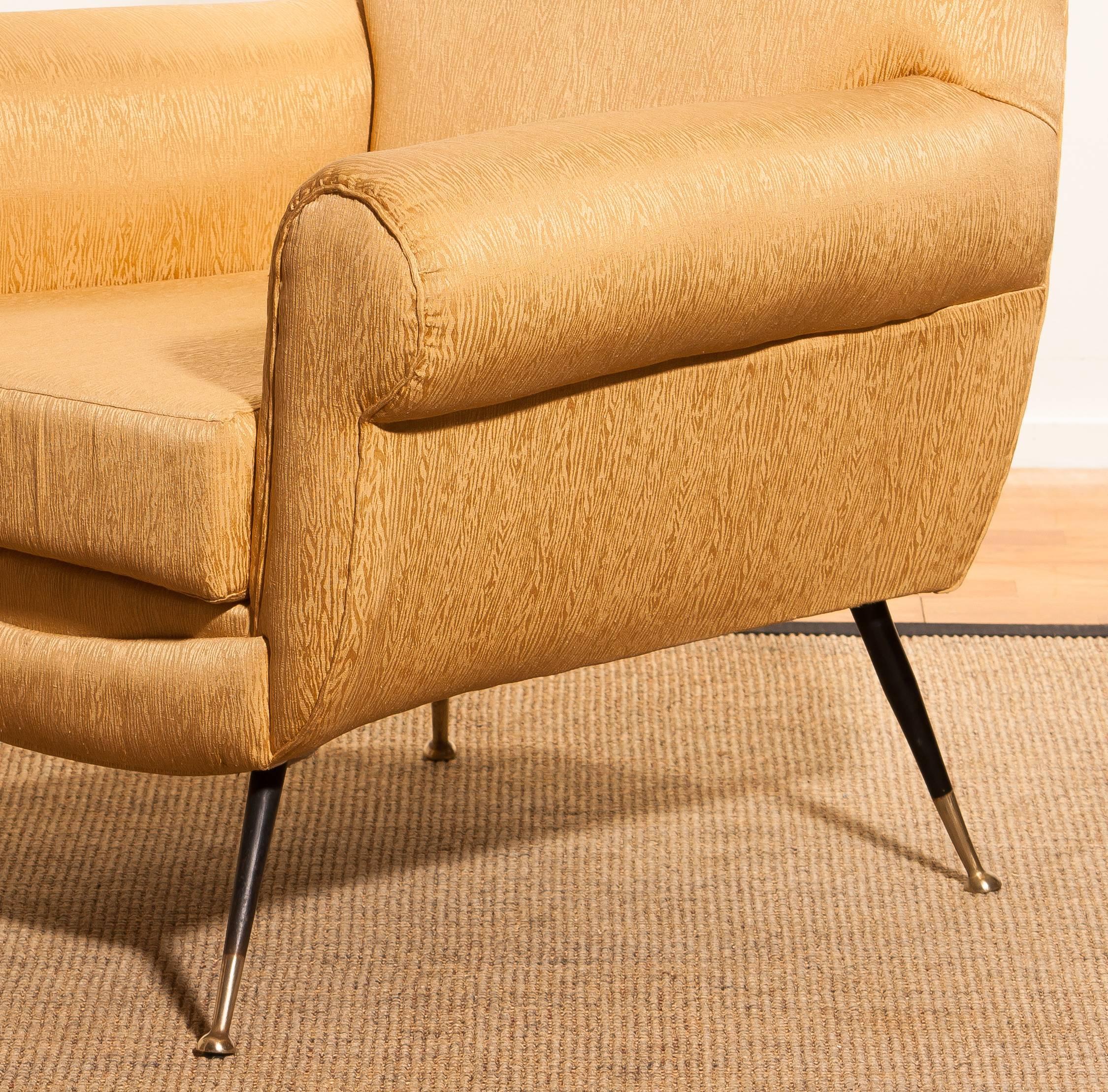 Gigi Radice for Minotti Easy Chair in Gold Colored Jacquard And Slim Brass Legs. 2