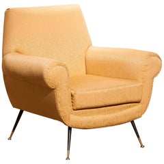 Gigi Radice for Minotti Easy Chair in Gold Colored Jacquard And Slim Brass Legs.